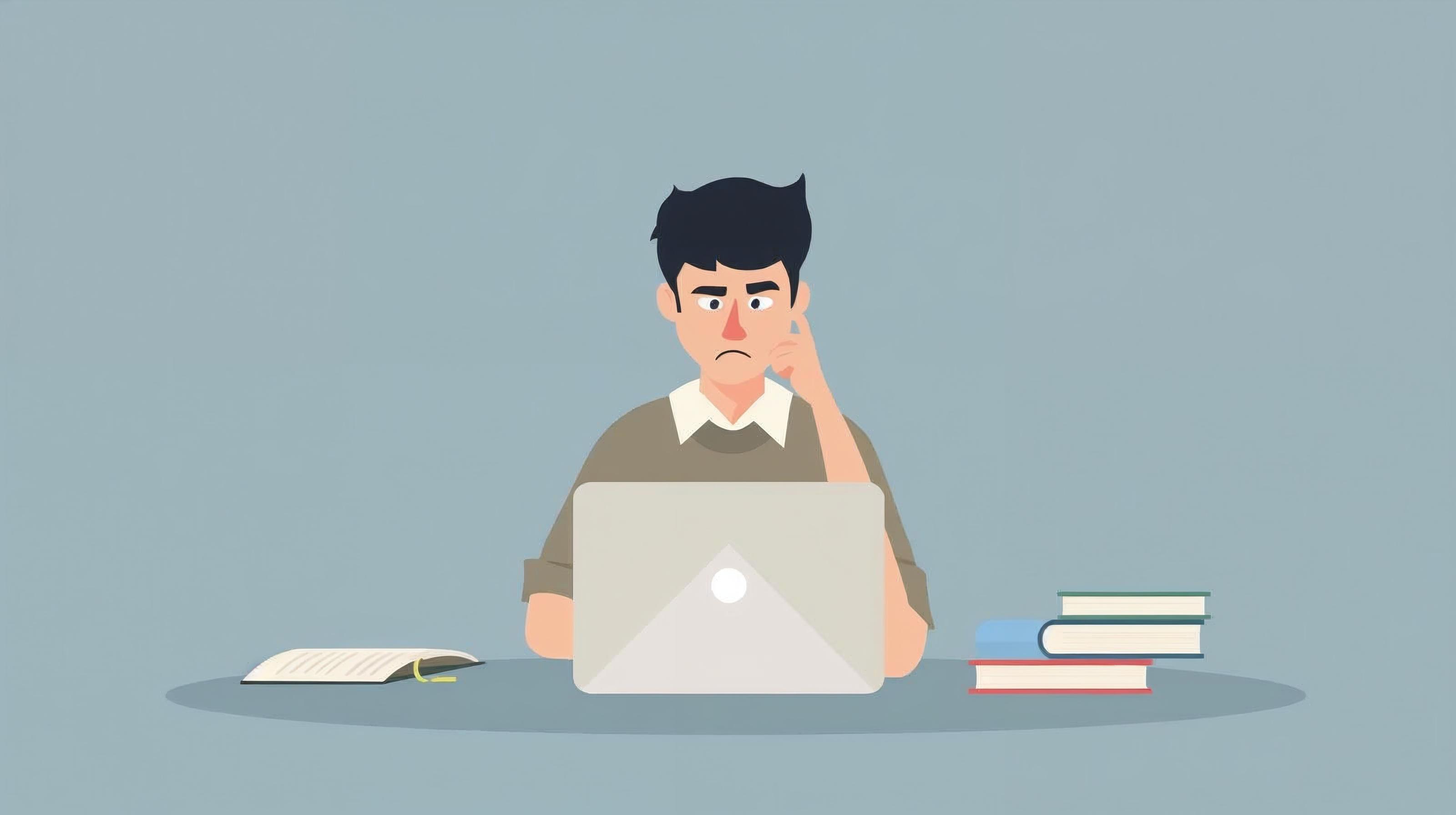 Student sitting at a desk looking stressed while working on a laptop, with books and an open notebook nearby, representing challenges during the college application process.