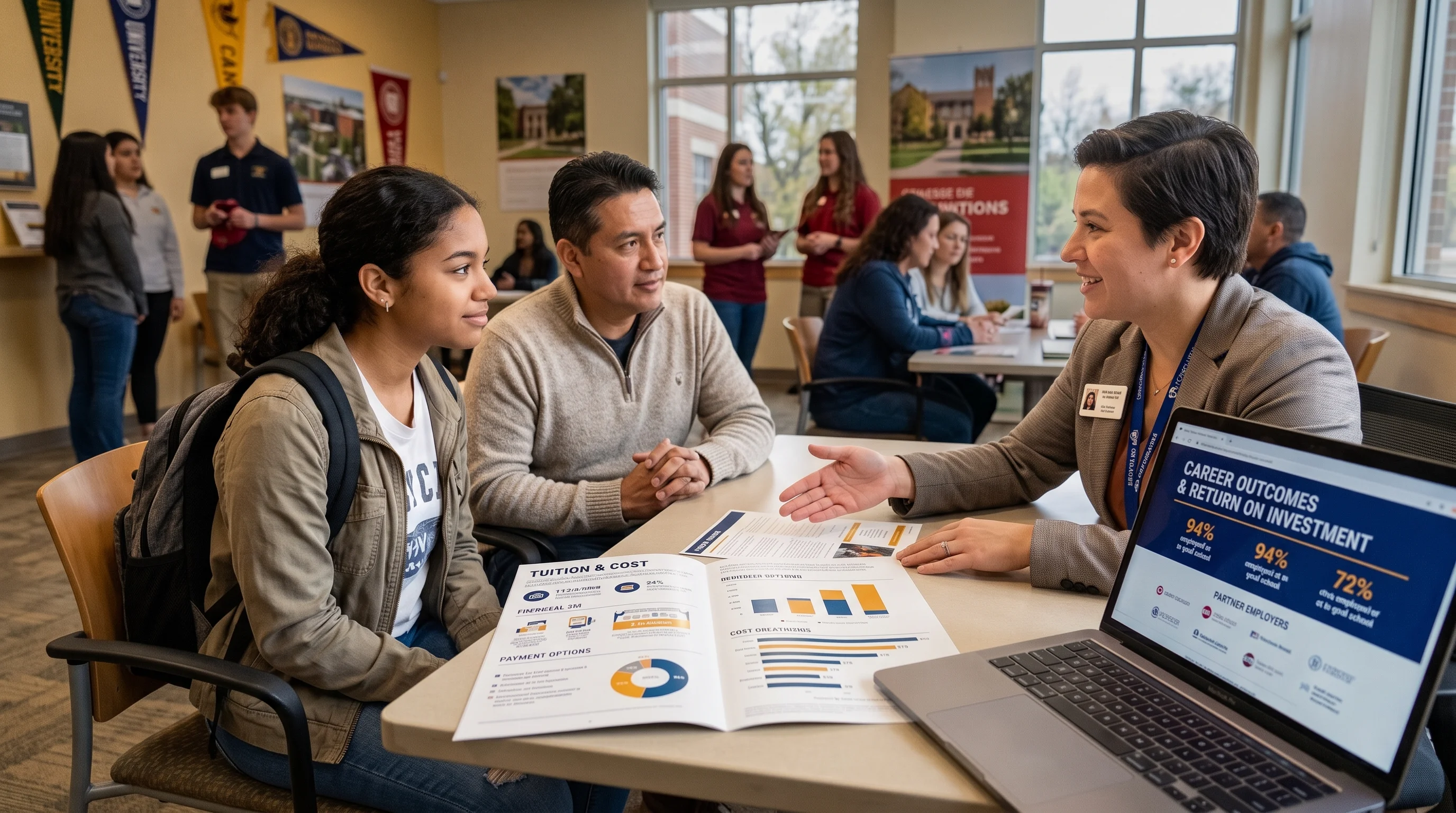 Image 1Short Alt Text: A college advisor sitting at a table with a prospective student and her father, presenting tuition brochures and laptop slides highlighting career outcomes and return on investment.   Detailed Description: A college counselor wearing a blazer and university lanyard speaks with a young woman wearing a backpack and an adult man seated beside her. On the table between them is an open brochure titled "Tuition & Cost" with financial aid charts, alongside a laptop displaying a presentation slide titled "Career Outcomes & Return on Investment" featuring employment statistics and partner employers.   