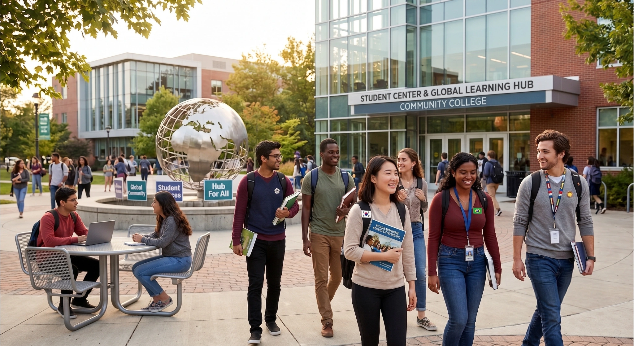 Students walk across a community college campus outside a Student Center and Global Learning Hub. A diverse group of international students carries books and backpacks while talking together, with other students studying outdoors near a globe sculpture in the campus courtyard.