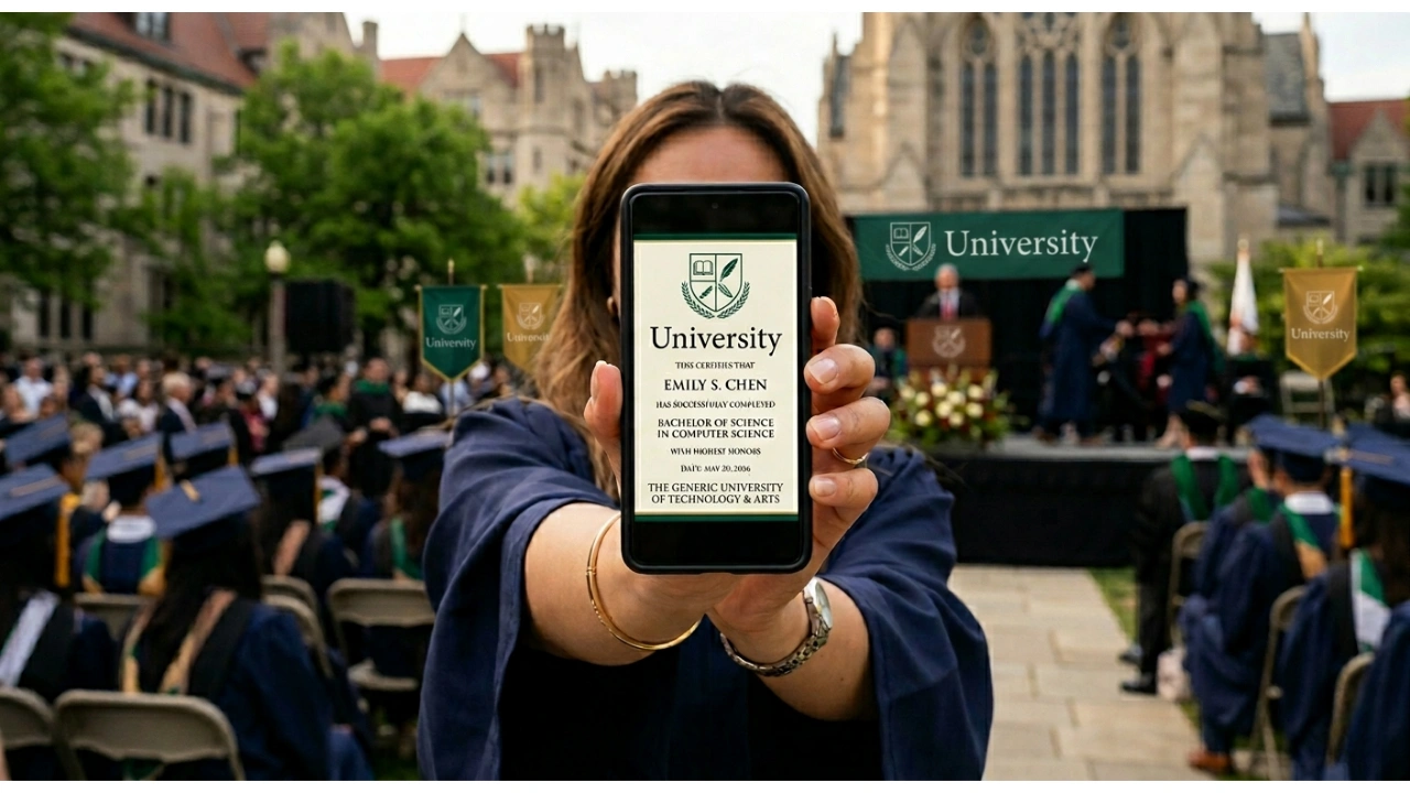 A person in a blue graduation gown holds a black smartphone directly in front of their face, obscuring it. The phone screen displays a clear digital certificate or "eDiploma."