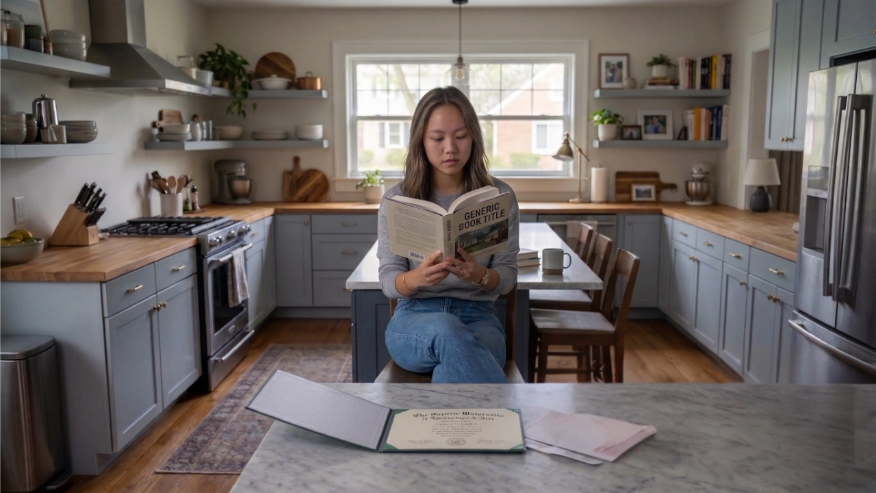 A young woman sitting in a bright, modern kitchen reading a book with a placeholder title, while an open physical diploma folder sits on the counter in the foreground.