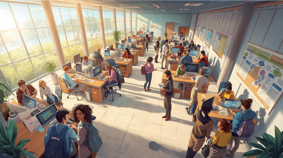 Illustration representing how college career development programs connect students to internships, professional skills, and job opportunities.