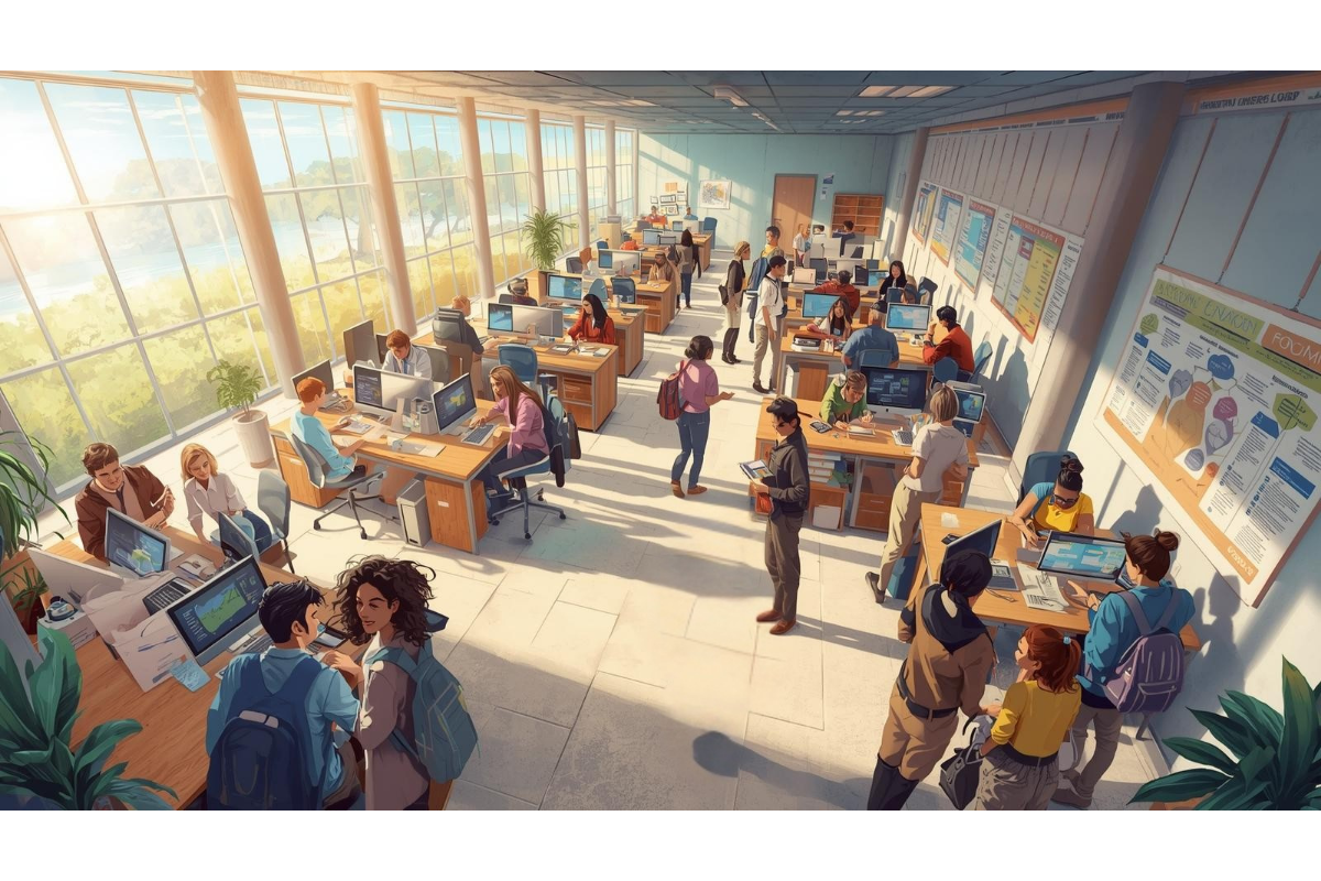 Students working and meeting in a university career center with large windows and rows of desks. Some students use computers for job searches and resume work while others speak with advisors or collaborate in small groups. Career planning posters and informational charts hang on the walls, illustrating internship pathways, career outcomes and campus career development resources.