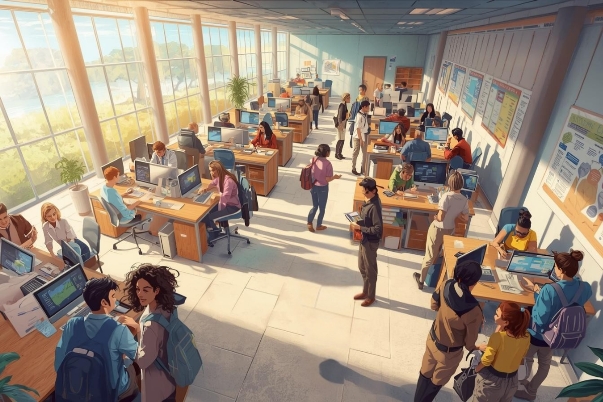 A high-angle digital illustration of a spacious, sunlit open-plan office or university computer lab. Numerous people are seen working at wooden desks equipped with desktop computers, while others stand and engage in conversation. Large floor-to-ceiling windows on the left flood the room with warm, natural light and offer a view of a lush green landscape. The walls are decorated with informational posters and charts, creating an environment that feels collaborative and studious. The overall art style is vibrant and detailed, capturing a productive and modern workspace.
