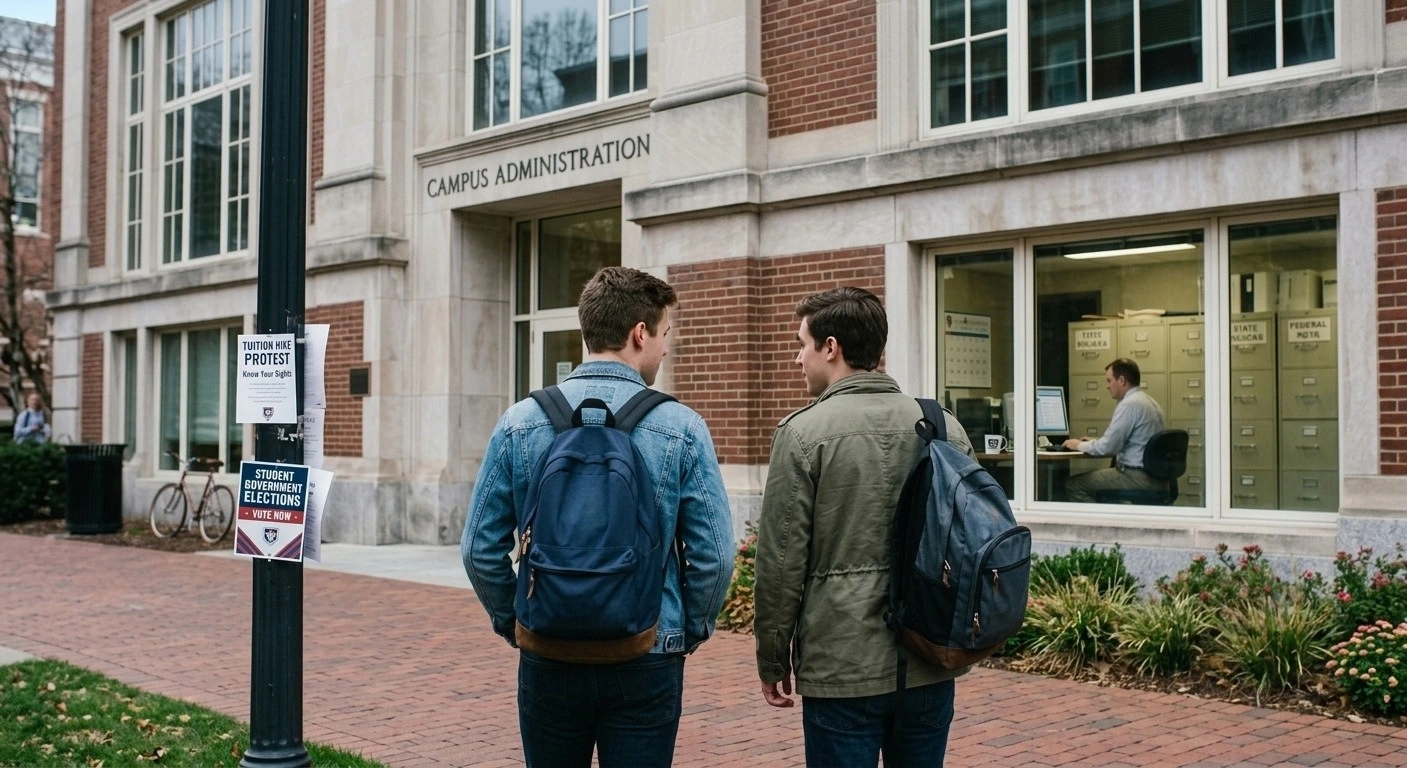 Two college students carrying backpacks walk along a brick pathway toward a brick and stone building labeled "CAMPUS ADMINISTRATION". Attached to a dark lamp post in the foreground are flyers reading "TUITION HIKE PROTEST: Know Your Rights" and "STUDENT GOVERNMENT ELECTIONS: VOTE NOW". To the right, through a large ground-floor window, an office worker sits at a computer surrounded by tall metal filing cabinets.