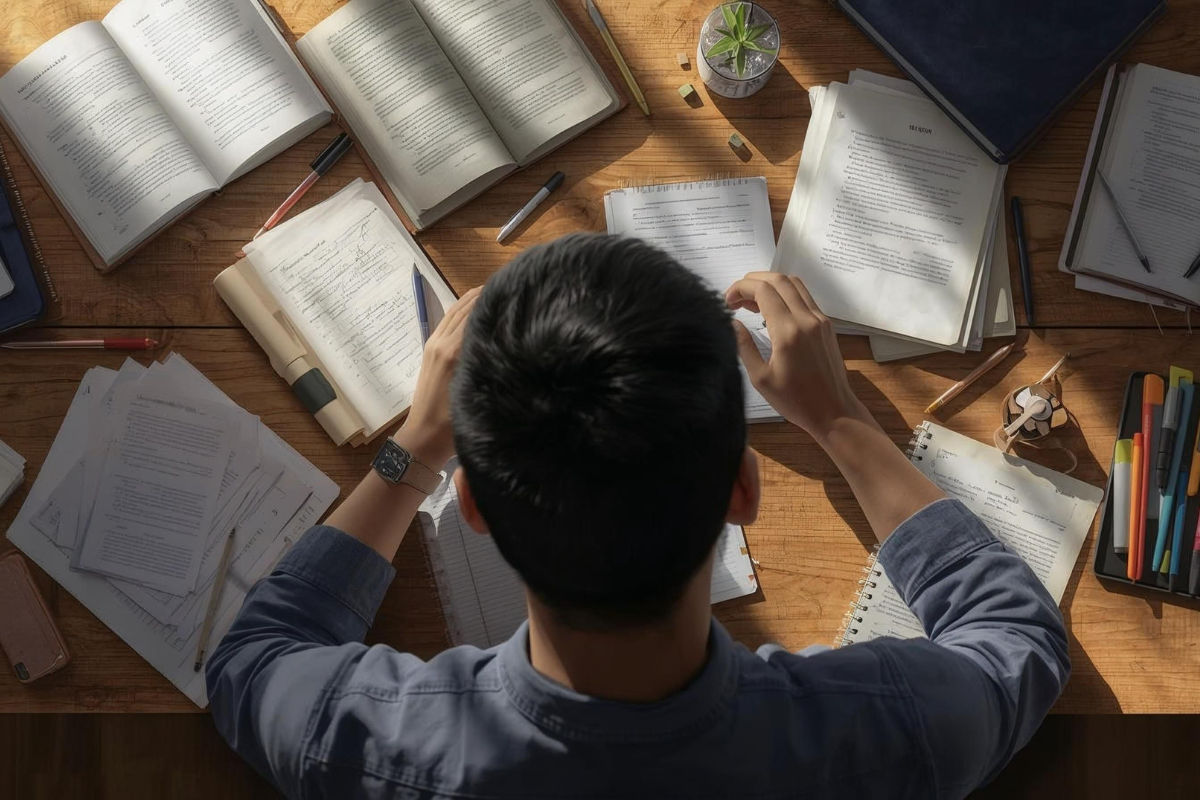 A high-angle, top-down photograph of a student studying at a wooden desk. The student, seen from behind with dark hair and a blue shirt, is surrounded by an organized but dense collection of study materials. Open textbooks, handwritten notes on loose-leaf paper, and spiral notebooks are spread across the desk. Sunlight streams in from the side, casting soft shadows over pens, a watch on the student's wrist, and a small potted succulent. The image captures an atmosphere of deep focus and academic rigor.