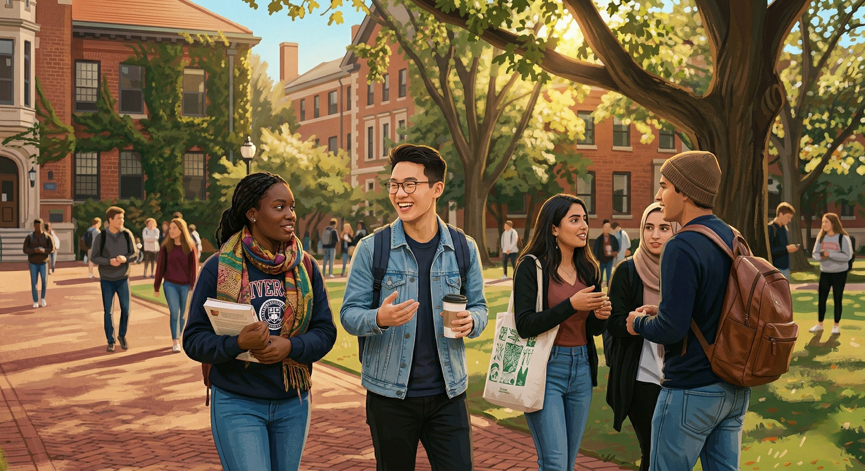 A diverse group of college students walking and talking on a sunlit university campus.