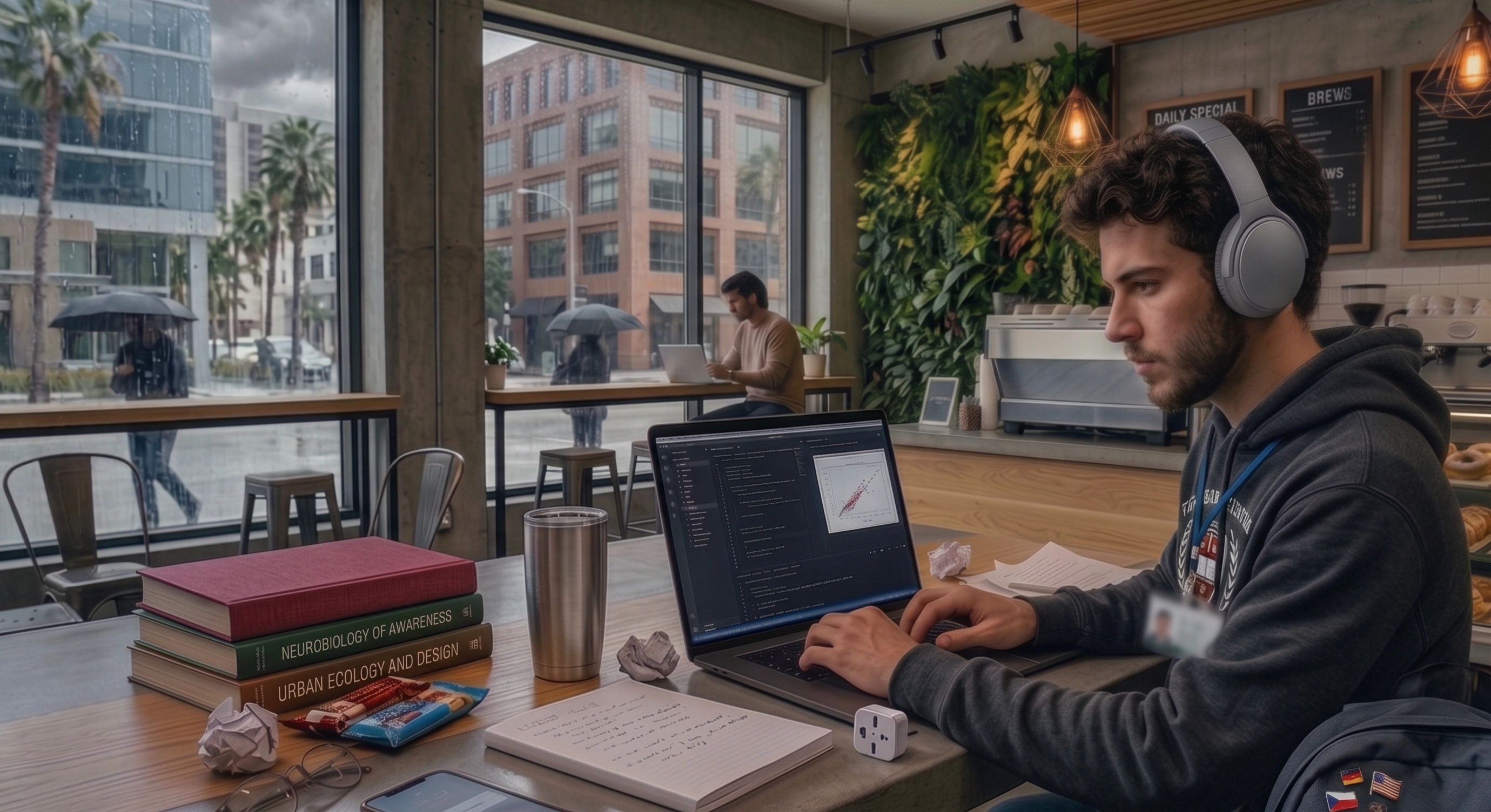 A young man with grey over-ear headphones and a dark hoodie sits at a wooden table in a coffee shop, focused on a laptop displaying a code editor and a scatter plot graph. Next to him on the table sits a stack of textbooks titled Neurobiology of Awareness and Urban Ecology and Design, a stainless steel mug, a notebook with handwritten notes, power adapters, and snacks. Large floor-to-ceiling windows behind him show a rainy city street lined with palm trees and pedestrians carrying umbrellas.