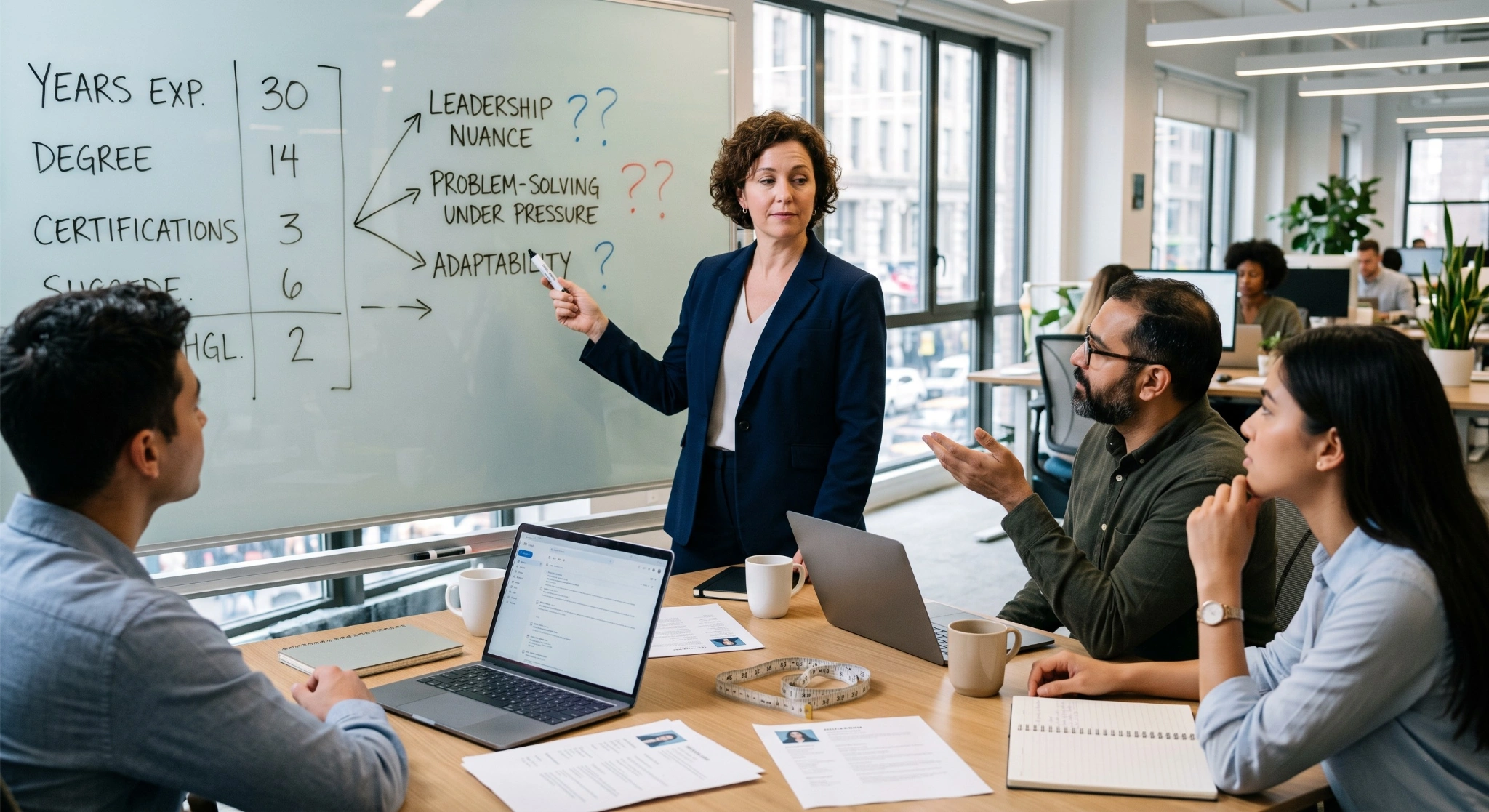 A woman in a navy suit stands at the head of a conference table, using a whiteboard marker to present to three colleagues seated in an open-office environment. On the whiteboard, a matrix of hard credentials ("Years Exp. 30", "Degree 14", "Certifications 3") branches out into soft skill queries marked with question marks: "Leadership Nuance", "Problem-Solving Under Pressure", and "Adaptability".