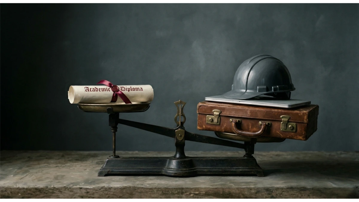 The first image features a vintage balance scale that visually weighs an Academic Diploma against a collection of professional tools, including a hard hat, a laptop, and a leather briefcase.