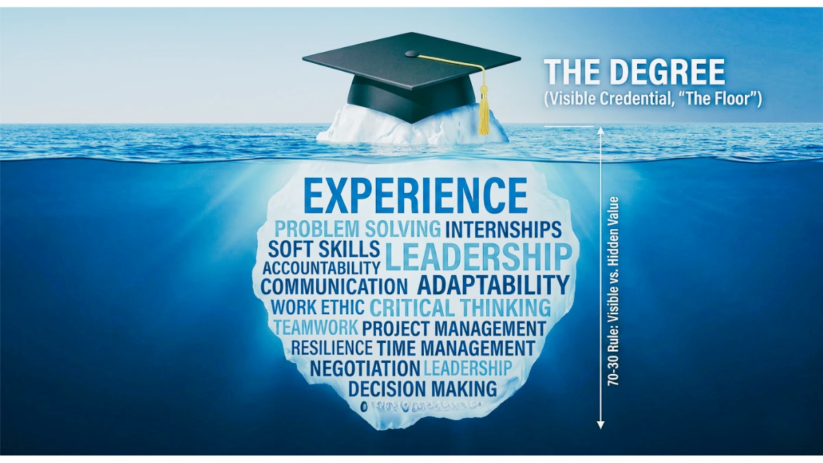 An iceberg metaphor to distinguish between visible credentials and hidden competencies.