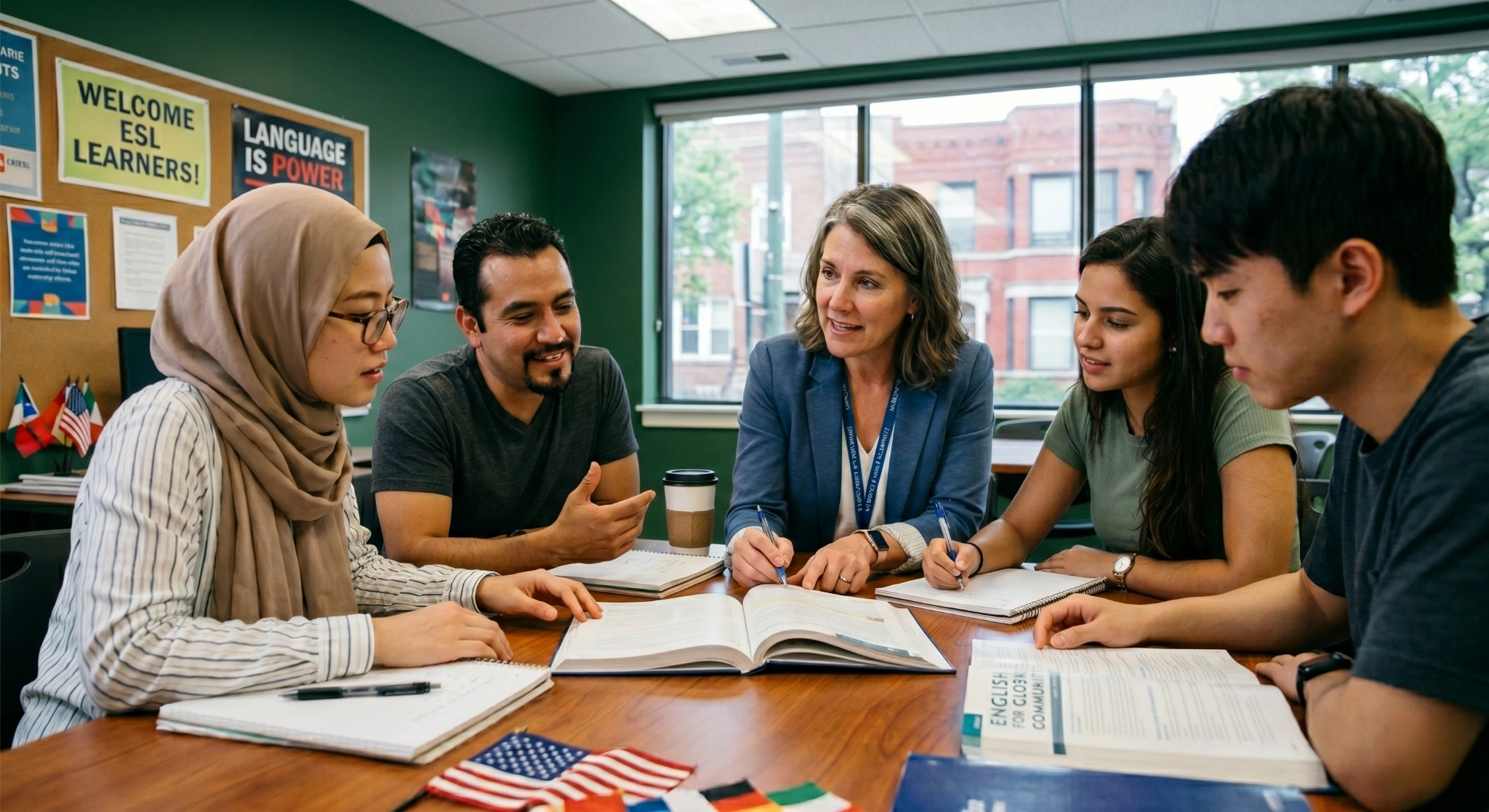 A diverse group of four adult ESL students—two women and two men—sit around a wooden conference table with their female instructor in a classroom. They are actively engaged in a lesson, looking at open textbooks and notebooks. The classroom features a green wall with signs reading "Welcome ESL Learners!" and "Language is Power
