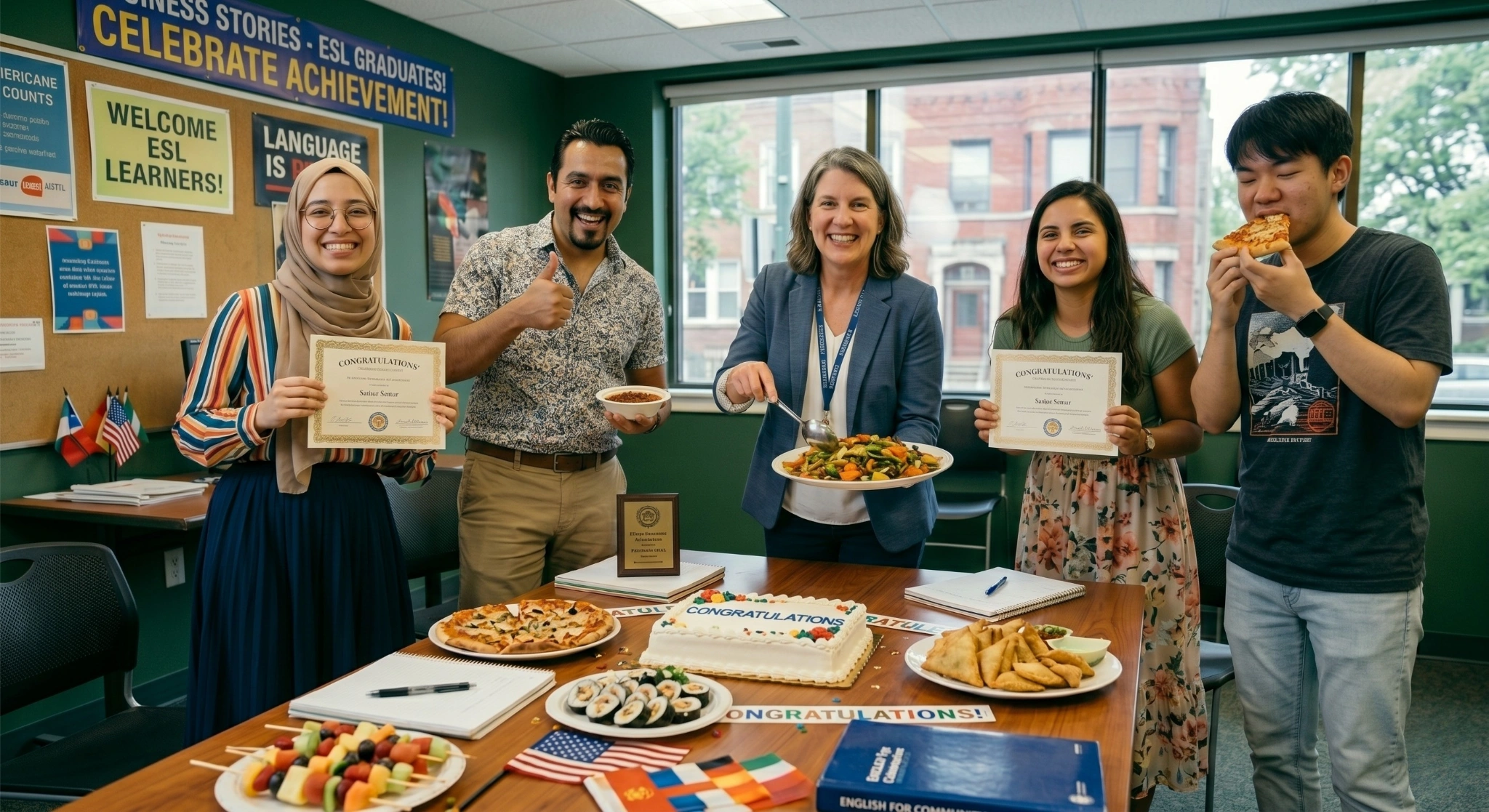 A wide photograph capturing a joyful celebration inside an ESL (English as a Second Language) classroom, featuring five people gathered around a large wooden table spread with a diverse variety of foods.