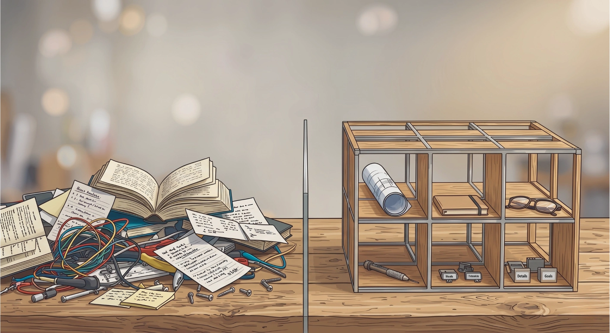 A conceptual illustration comparing a chaotic workflow to an organized structure on a wooden desk, divided down the center. On the left, a disorganized heap consists of tangled multicolored wires, open books, loose handwritten notes, and scattered screws. On the right, a structured 6-compartment wooden grid organizer neatly holds specific items, including a rolled document, a journal, a pair of glasses, a pen, and labeled small boxes.