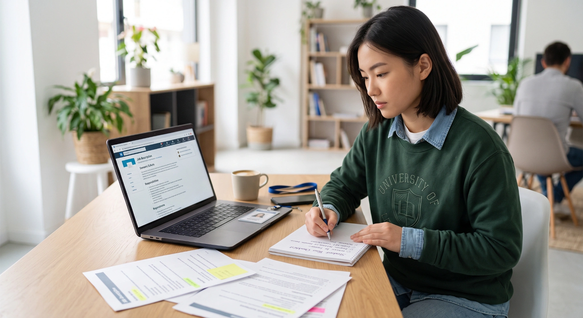 Student reviews a job description on a laptop while taking notes at a desk with printed documents, highlighting careful job evaluation and application preparation.