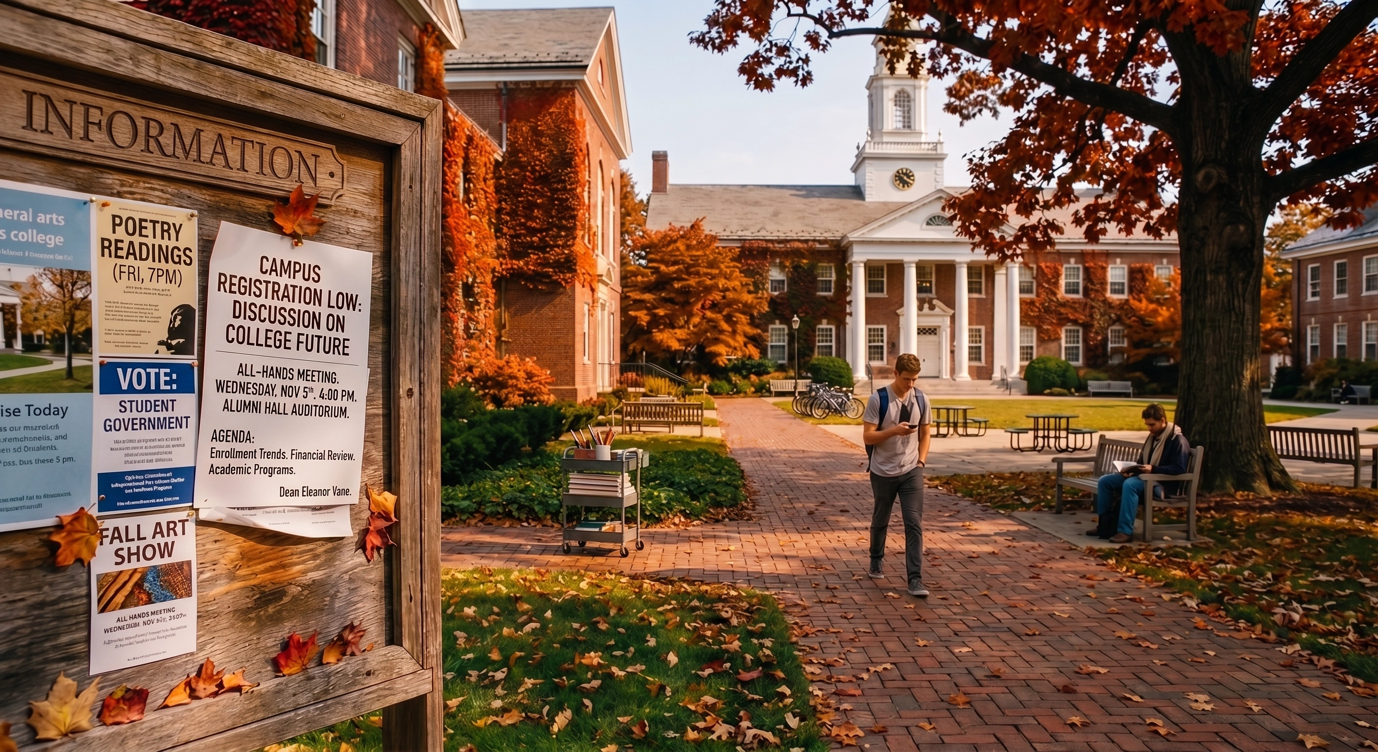An autumn college campus scene with brick pathways, red foliage, and a classic building with a clock tower in the background. In the foreground, a wooden "INFORMATION" board displays several notices, including a prominent flyer reading "Campus Registration Low: Discussion on College Future." A student walks along the brick path checking a phone while another student sits on a bench reading.
