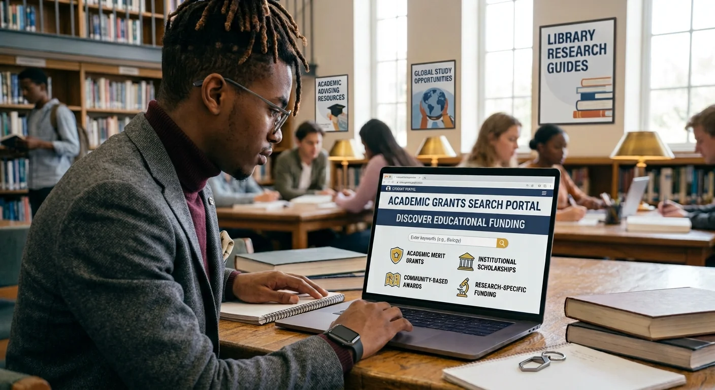 A young man with dreadlocks wearing a tweed blazer and glasses is focused on his laptop in a busy college library. The laptop screen displays a webpage titled "Academic Grants Search Portal: Discover Educational Funding." Other students are visible in the background, which is lined with book-filled shelves and informative posters. A smart watch is visible on his wrist.
