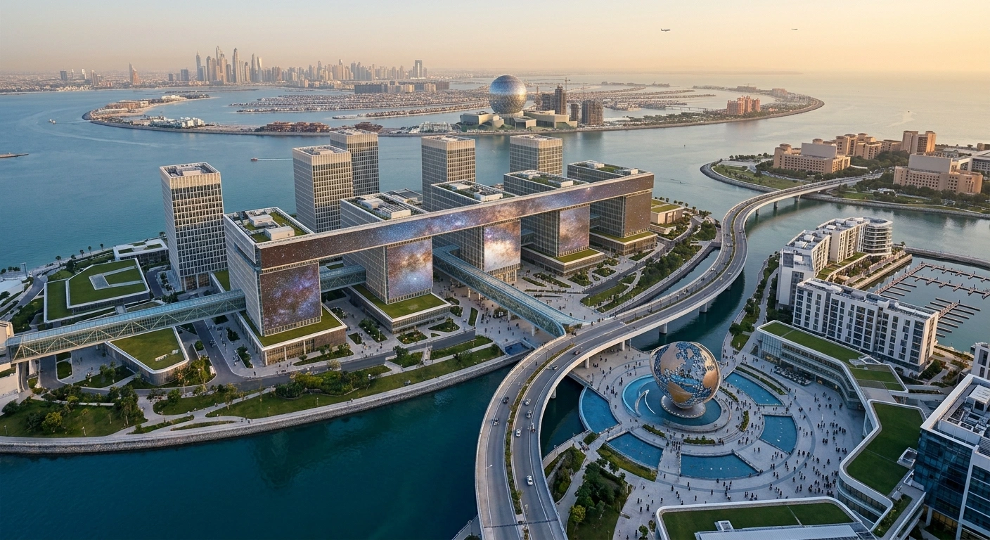 Aerial view of a futuristic waterfront university campus with modern glass architecture, pedestrian plazas, and a large globe sculpture on the coast