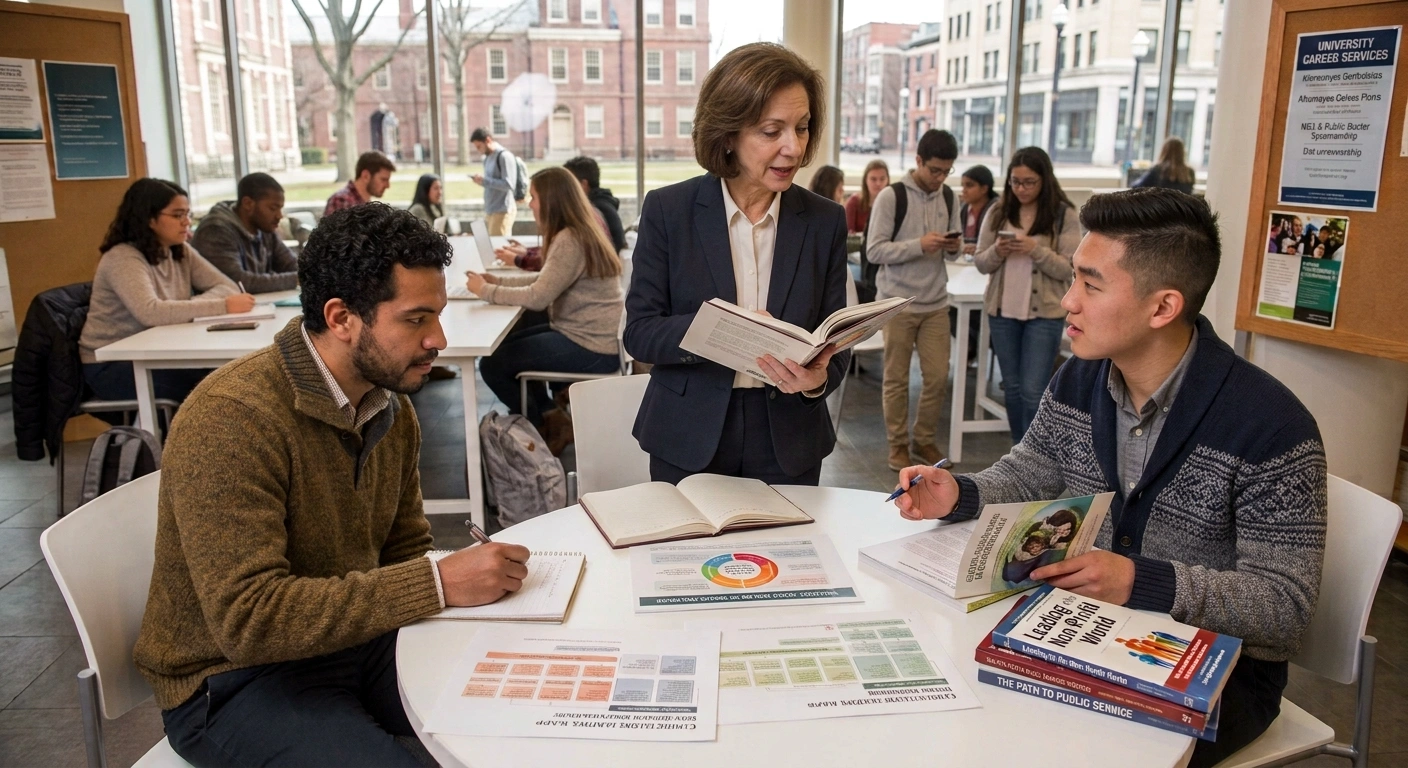 University career advisor speaking with two students at a table while other students work and meet in a campus career services center.