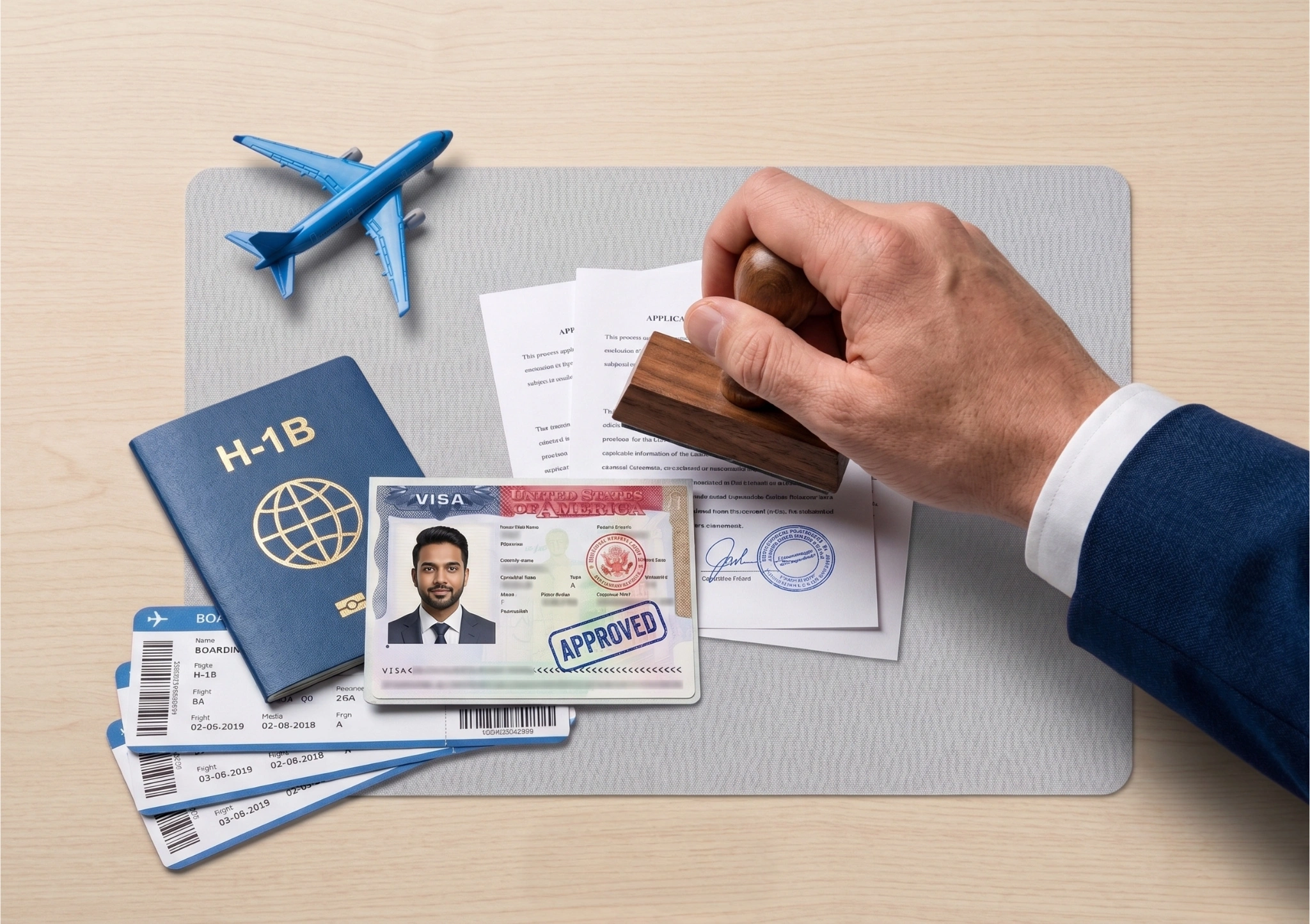 H-1B visa application documents, passport, airline tickets, and approved U.S. visa with an immigration stamp.