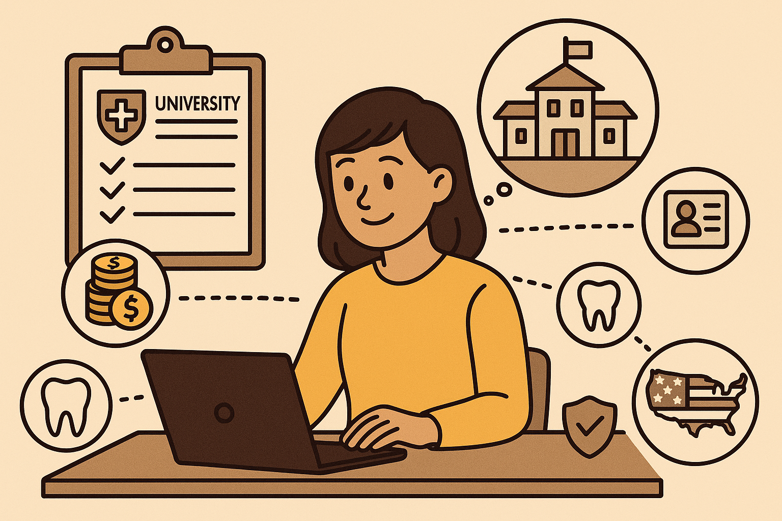 A cartoon illustration of a young woman with dark hair wearing a yellow sweater, sitting at a desk and using a laptop. Floating around her are several icons representing university and health considerations: a clipboard titled "University" with a medical cross and checkmarks, a stack of gold coins, a thought bubble showing a school building, an ID card, a tooth icon for dental care, and a map of the United States with a shield. The style is simple with bold outlines on a tan background.