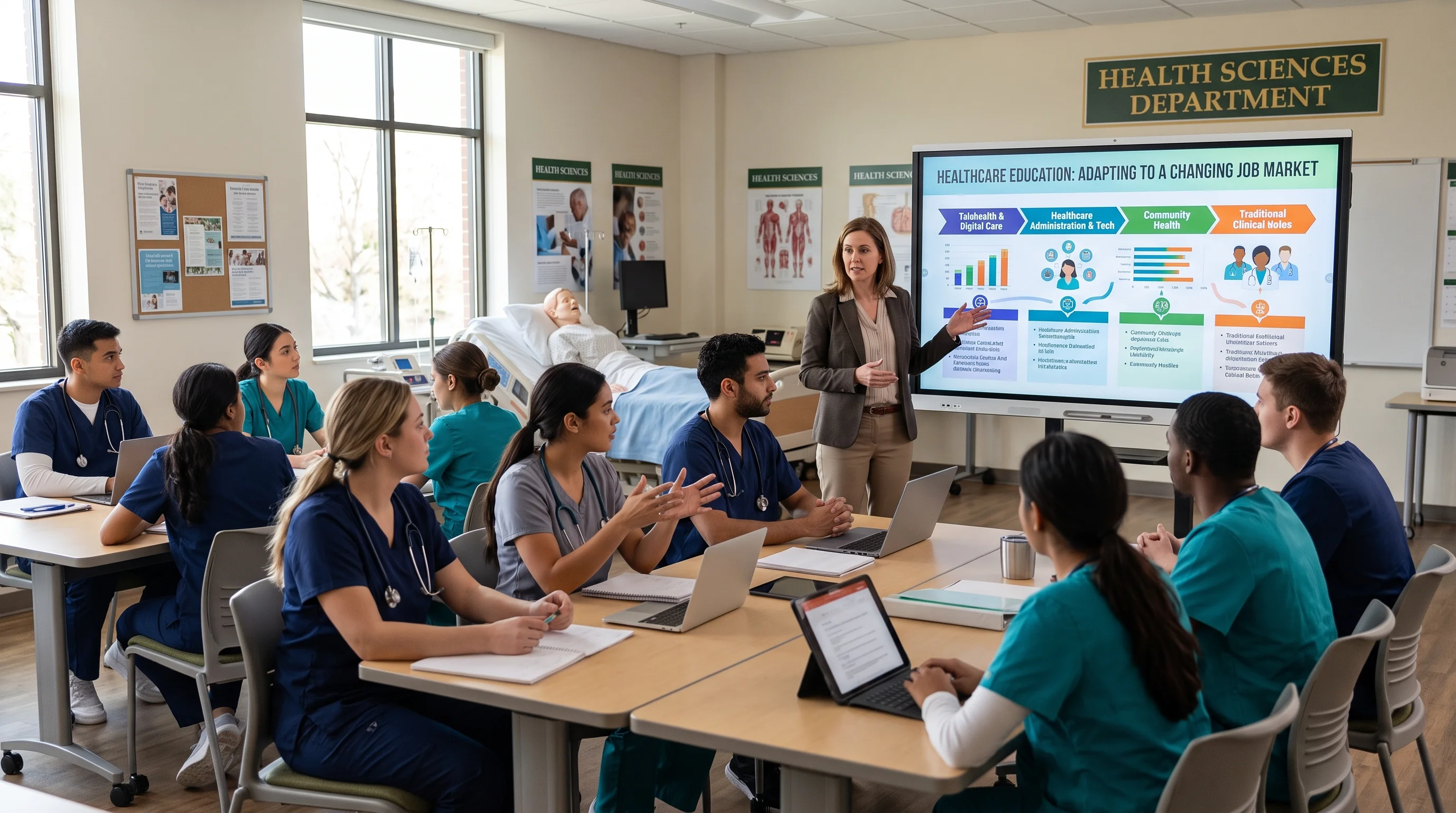 An instructor standing in a Health Sciences classroom, gesturing toward a large display screen showing a presentation on healthcare education and job market trends, while students in scrubs sit around tables listening.