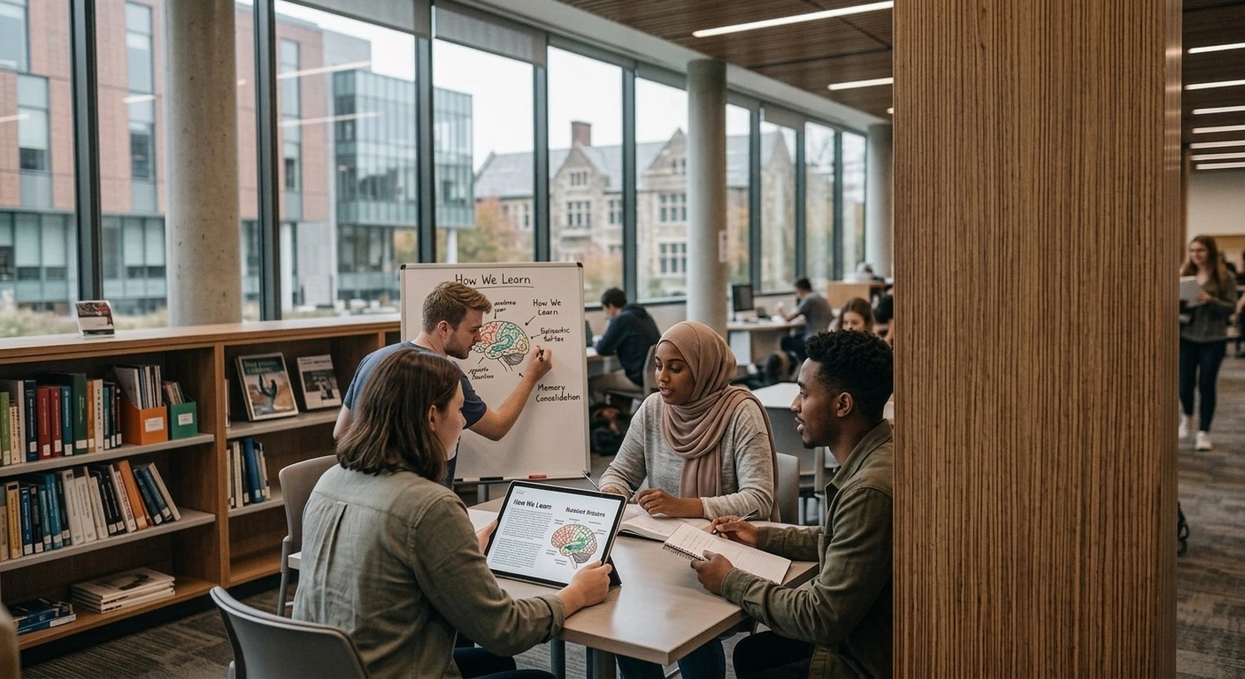 Four university students gather around a modern desk in a well-lit library with floor-to-ceiling windows. One student writes on a whiteboard titled "How We Learn" displaying a brain diagram, another looks at a digital tablet showing the same diagram, and two others take notes while listening to a woman wearing a hijab speak.