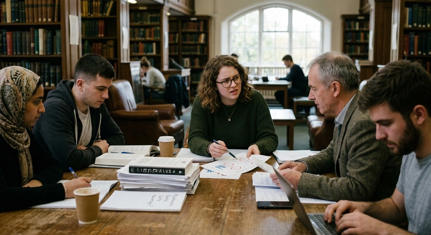 A group of diverse university students and a professor sitting around a wooden table in a classic library setting, reviewing documents, taking notes, and working on a laptop.