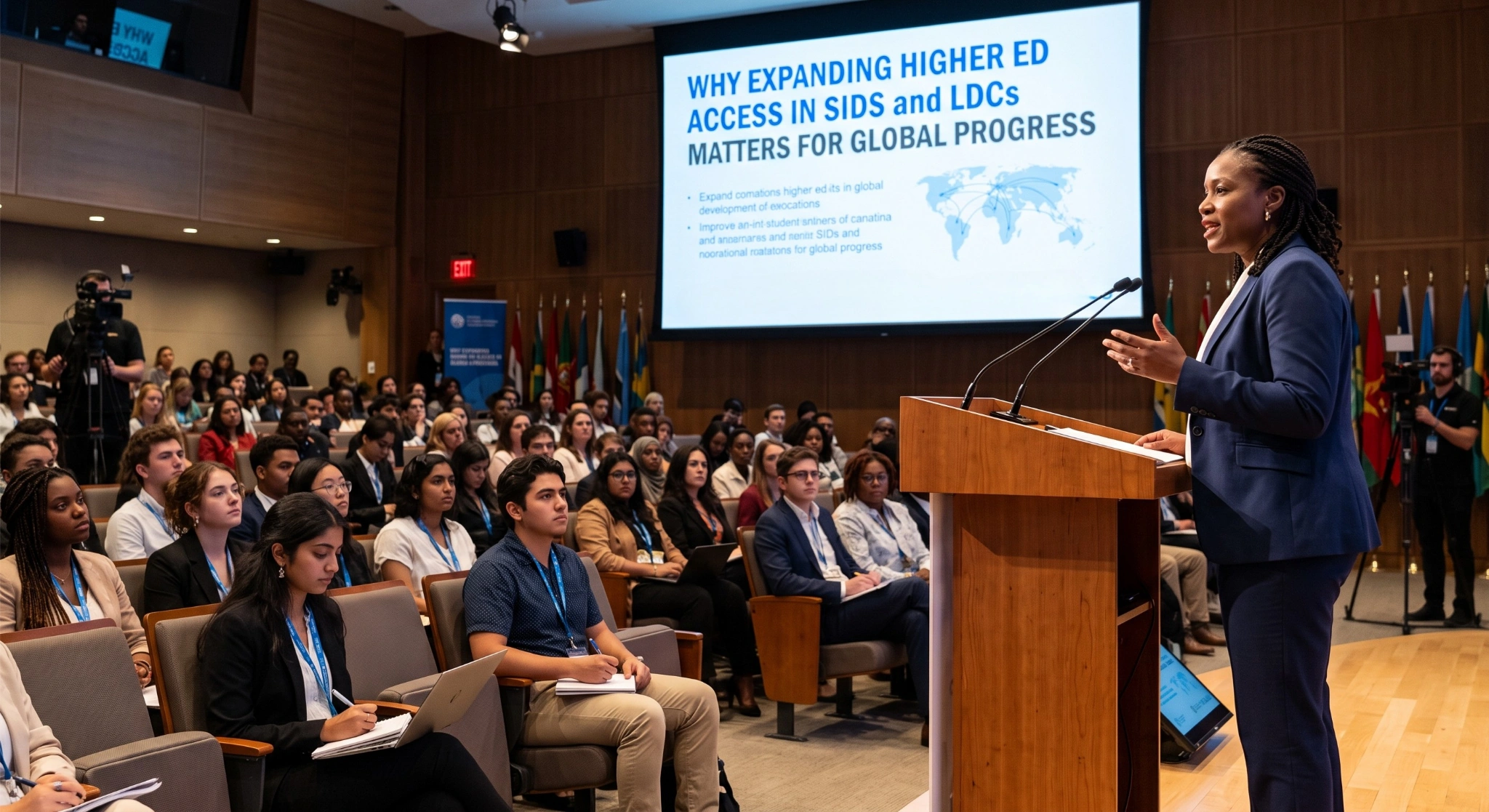 A woman in a navy suit speaks at a wooden podium with two microphones, gesturing toward a large auditorium filled with students taking notes. Behind her, a presentation screen reads "WHY EXPANDING HIGHER ED ACCESS IN SIDS and LDCs MATTERS FOR GLOBAL PROGRESS," accompanied by bulleted points and a global connectivity map.