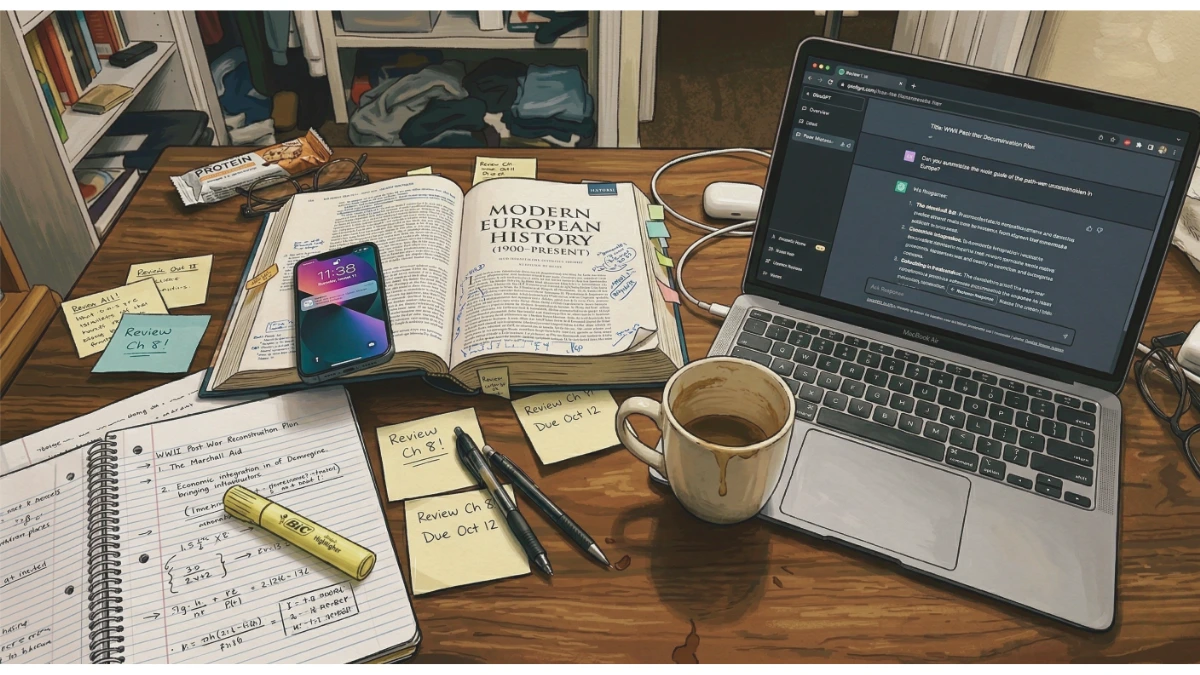 A high-angle digital illustration of a cluttered student desk during a study session. The desk features an open textbook titled "Modern European History (1900–Present)," a notebook with handwritten notes about post-war reconstruction, and several sticky notes with "Review Ch 8!" reminders. A laptop on the right shows a chat interface with an AI assistant discussing the Marshall Plan. Other items include a smartphone, two pens, a yellow highlighter, a protein bar, and a mug of coffee with a slight drip on the side. The scene uses a warm, academic-focused color palette.