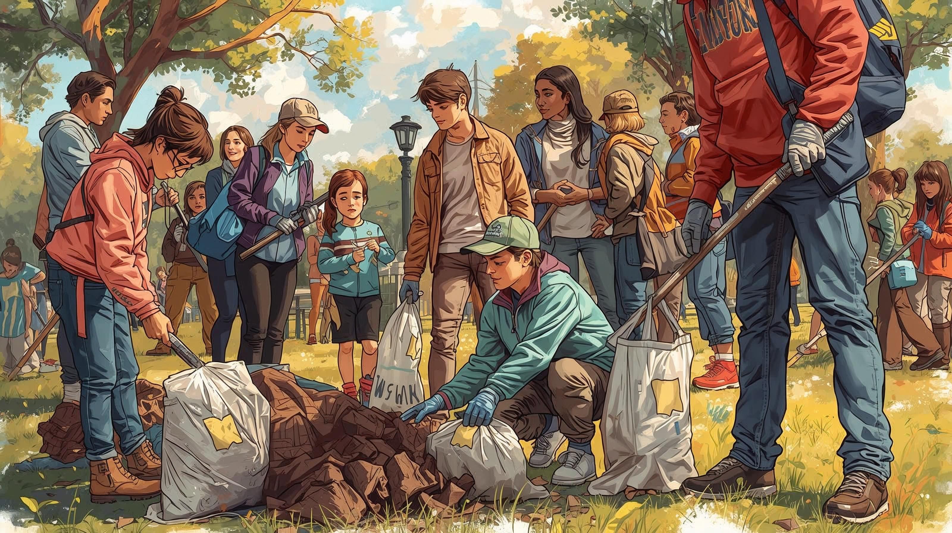 A detailed digital illustration of a large, diverse group of volunteers participating in a park clean-up. In the foreground, several young adults and a young child are shown wearing gloves and using trash bags to collect leaves and litter from the grass. The group includes people of various backgrounds dressed in casual outdoor clothing like hoodies, jeans, and caps. The background features a sunlit park with lush green trees and other volunteers working in the distance. The art style is vibrant and painterly, capturing a sense of community action and environmental responsibility.