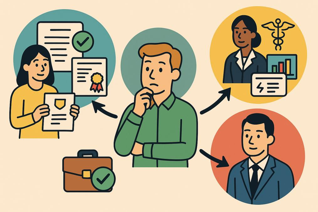 An illustration of a man in a green shirt in a "thinking" pose, surrounded by circles representing steps in a career or verification process. To his left, a woman holds a document next to a diploma with a checkmark. Arrows point from the man to a woman in a business suit with medical and analytical icons (representing professional fields) and to a man in a suit. Below him is a briefcase with a green checkmark. The image conveys the transition from academic credentials to professional employment.