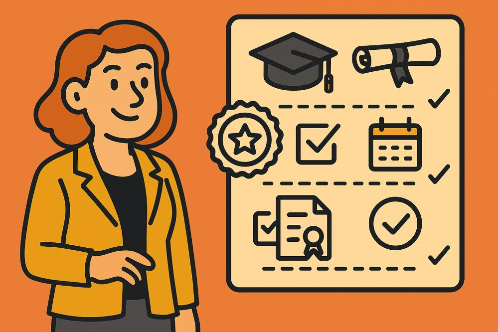 An illustration featuring a woman in a yellow blazer standing next to a large checklist. The checklist contains three rows of icons, each with a checkmark
