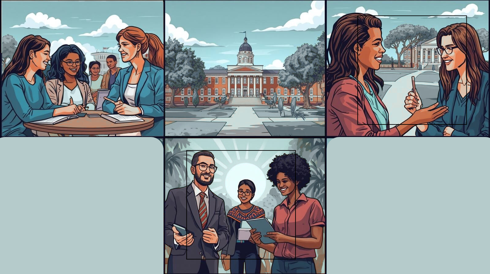 A comic-style illustration featuring four panels that depict academic mentorship and collaboration. The top-left panel shows three students discussing work at a round table; the top-center panel shows a classic brick university building; the top-right panel shows a close-up of a mentor and student in conversation; and the bottom-center panel shows a diverse group of three professionals or faculty members smiling and holding a tablet and documents. The style uses bold outlines and a muted, professional color palette.