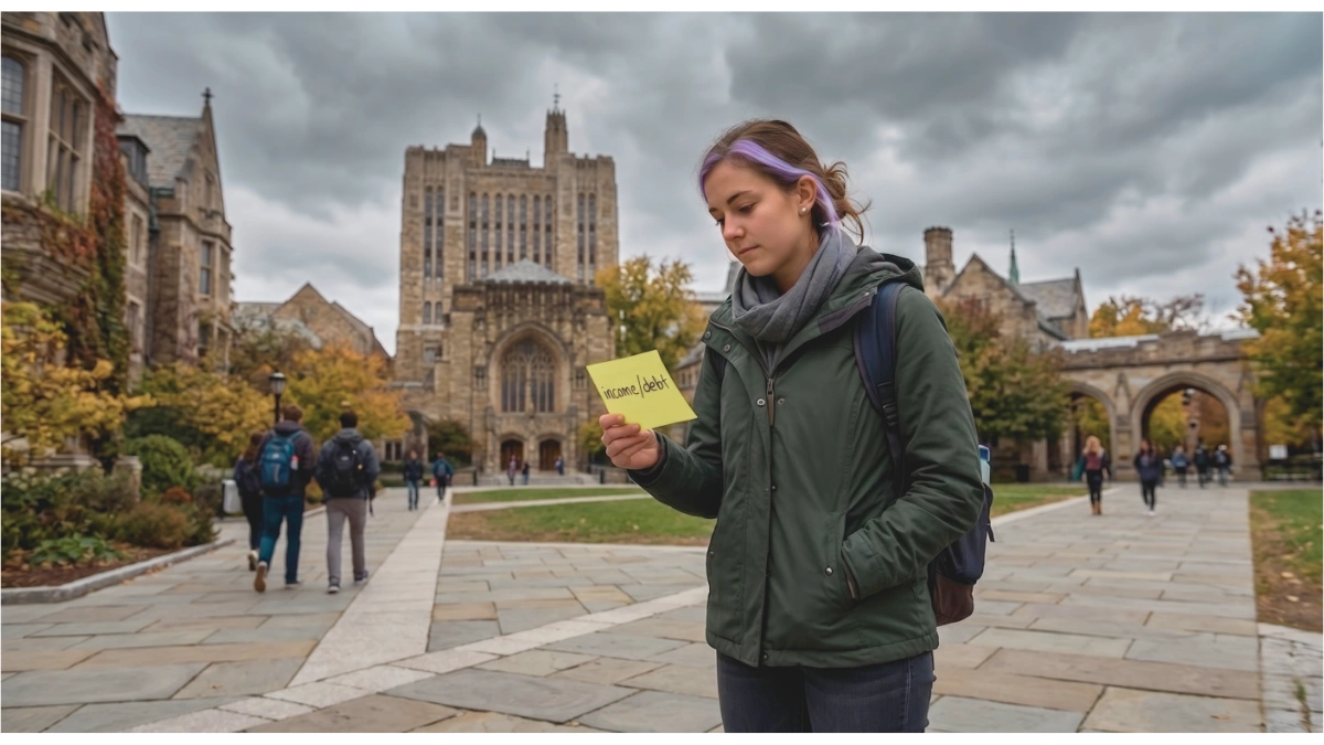 A young woman with purple-streaked hair stands on a university campus, looking down at a yellow sticky note in her hand that reads "income/debt" in handwritten script.