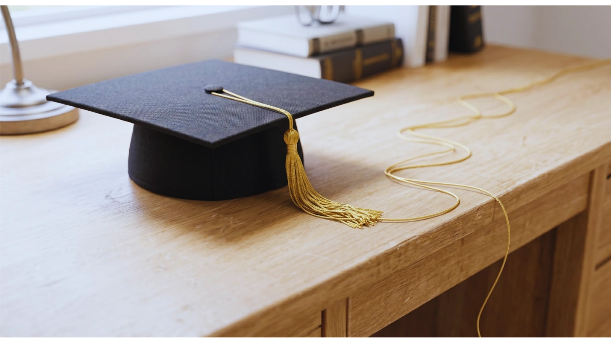 A black graduation cap with a gold tassel resting on a light-colored wooden desk, with a lamp and a stack of books in the background.