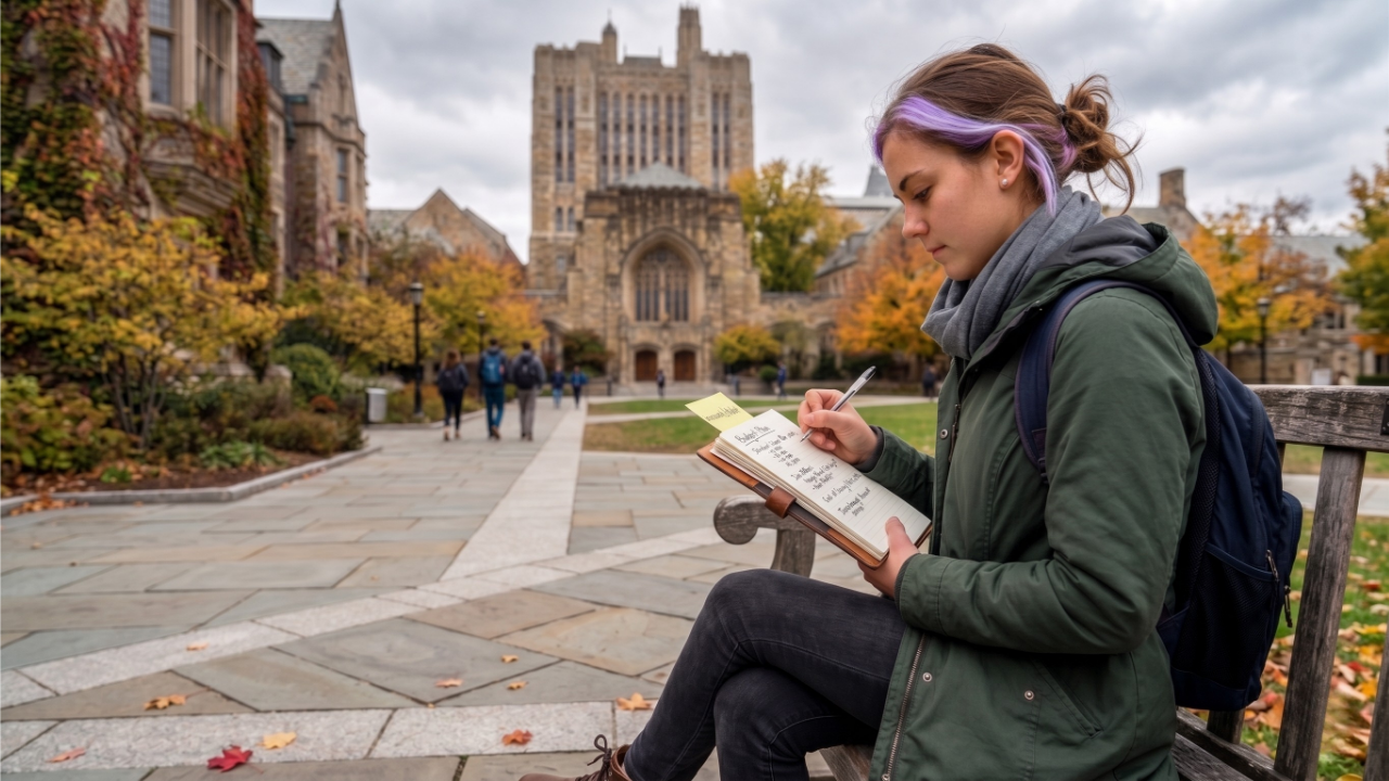 The same young woman with purple highlights in her hair sits on a wooden bench on the university campus. She is viewed from the side, writing intently with a pen in a leather-bound notebook labeled "Budget Plan." A yellow sticky note peeks out from the pages. The background shows the same historic gothic campus courtyard with stone buildings and autumn trees with turning leaves.