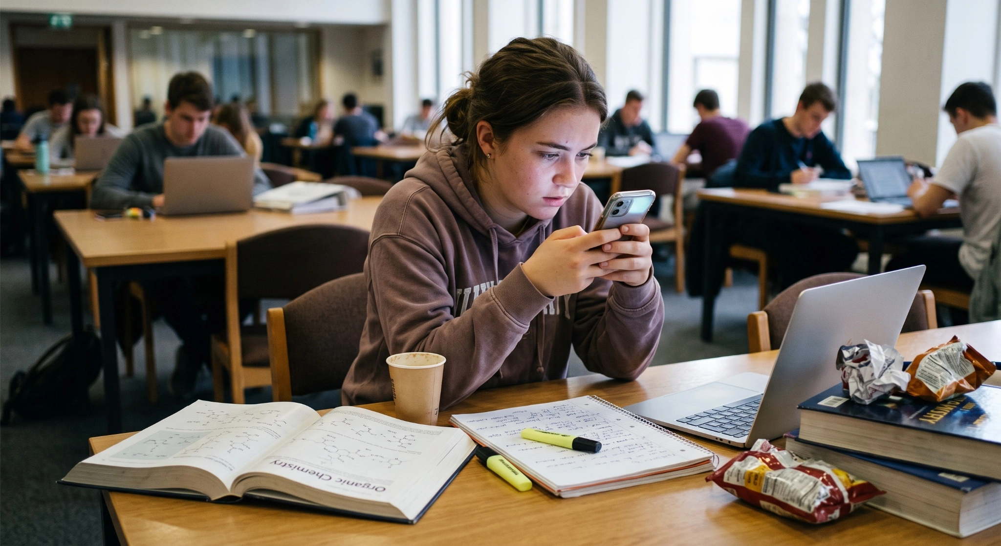 A college student looking at her smartphone while sitting at a library desk surrounded by study materials and an open textbook.