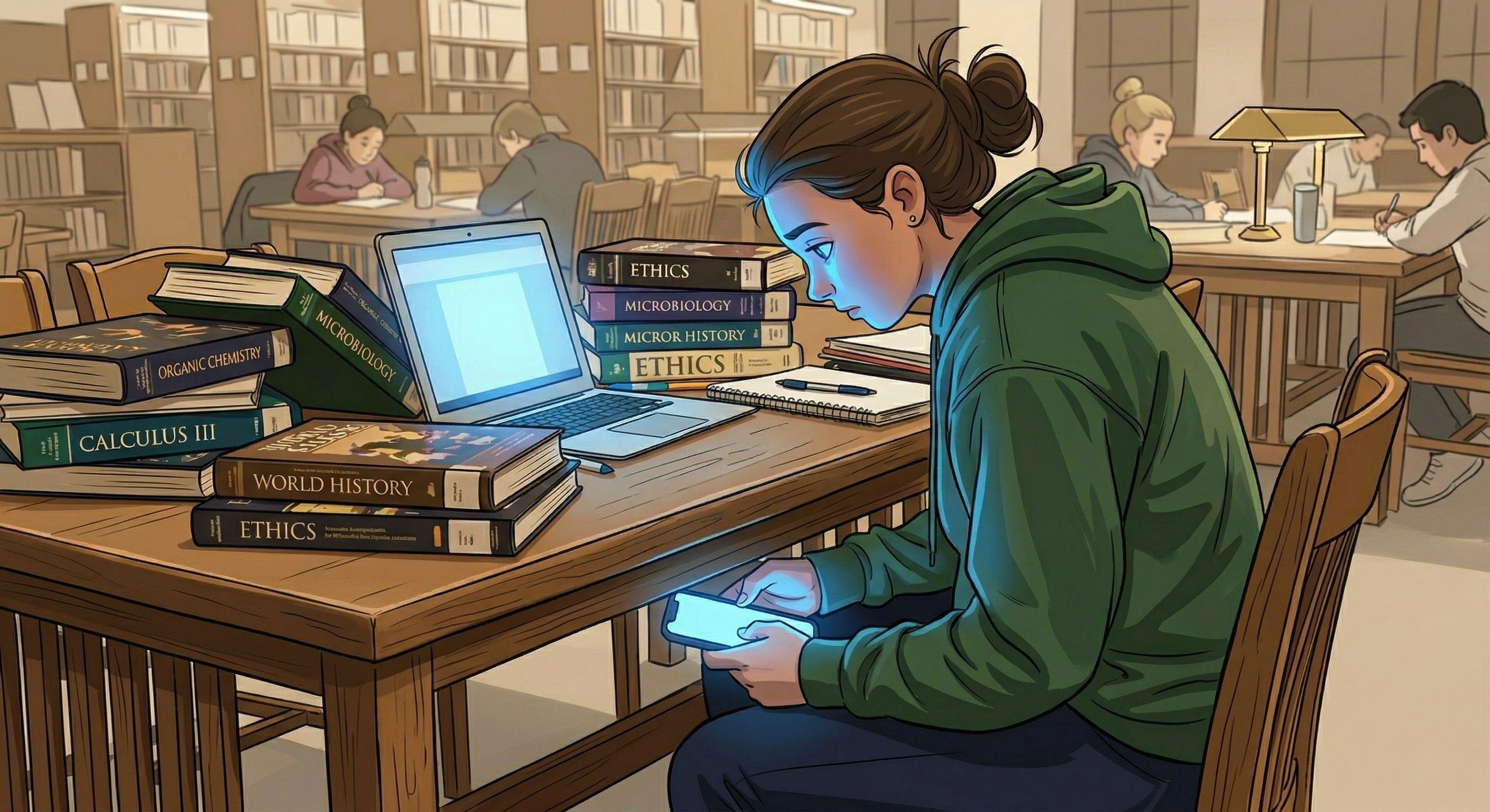 This image is a striking illustration of the modern struggle with digital distraction and the weight of academic pressure. It uses a cozy, library-themed aesthetic to highlight a very common human experience: being physically present in one task while mentally pulled into another.