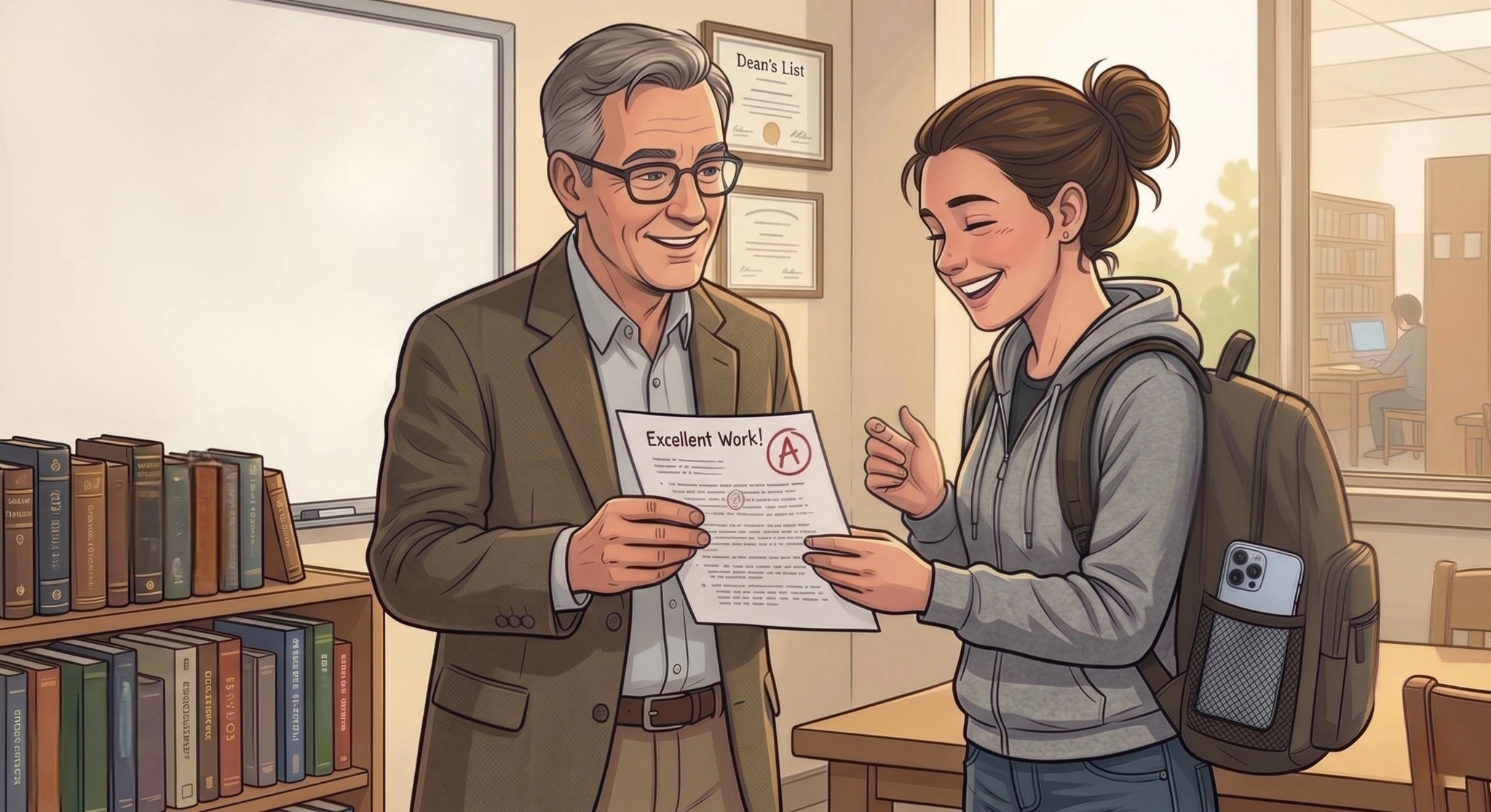 An illustrative cartoon drawing showing a successful academic outcome. On the right, the same female student—now wearing a grey zip-up hoodie and a backpack with her smartphone safely tucked away in the side mesh pocket—is smiling broadly. On the left, an older male professor with grey hair and glasses smiles warmly as they jointly hold up a graded paper that reads "Excellent Work! A" in bold lettering. They are standing in an office or classroom with a whiteboard, a bookshelf, and framed "Dean's List" certificates hanging on the wall.