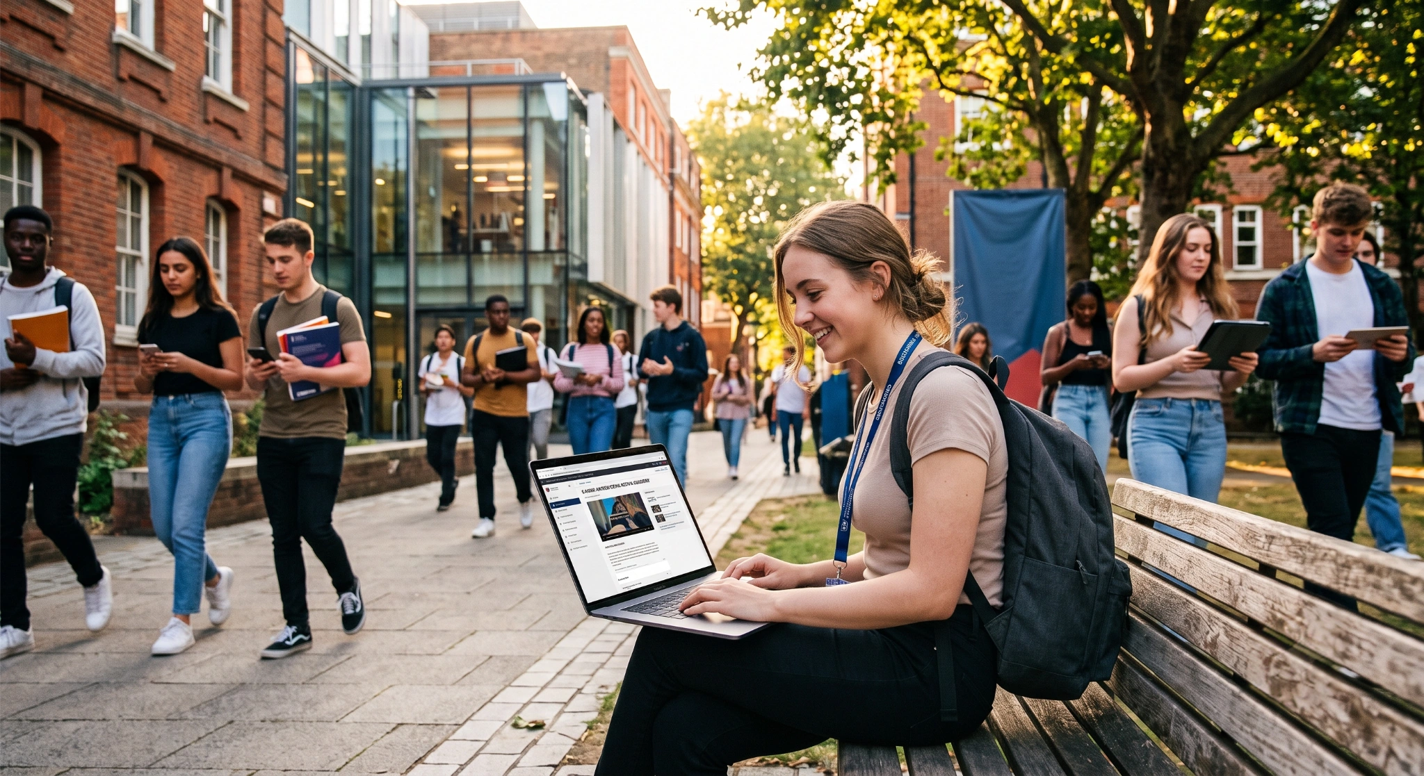 College students walk across a university campus while a student wearing a backpack sits on a bench using a laptop. The laptop displays an online learning platform, illustrating digital education, cybersecurity awareness, and technology use in higher education.