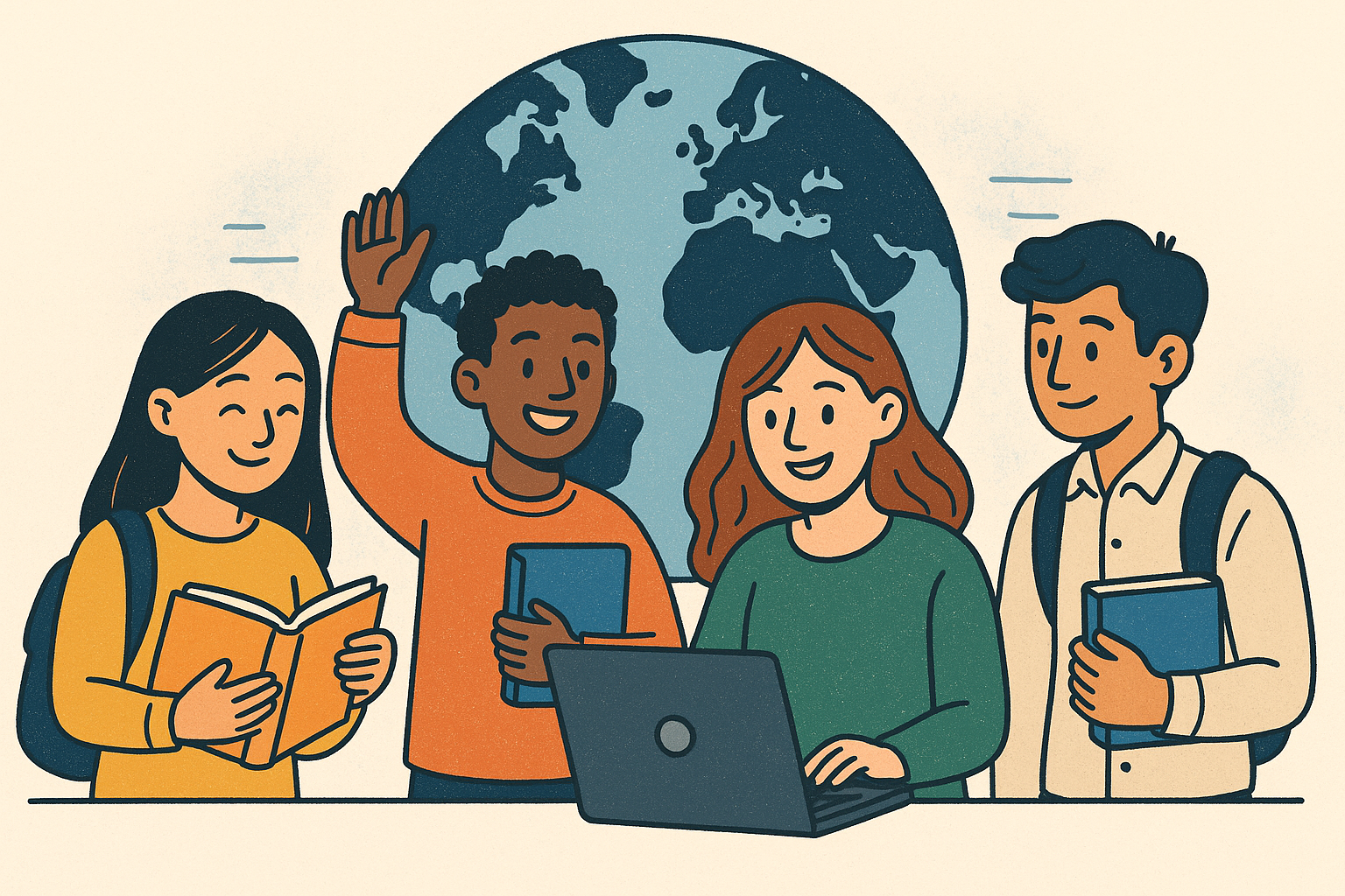 A cartoon illustration of four diverse students standing together in front of a large blue globe. A woman on the left reads an open book, a man in an orange sweater raises his hand while holding a notebook, a woman in the center types on a laptop, and a man on the right carries a backpack and holds a blue book. The style is friendly and academic, set against a light cream background.