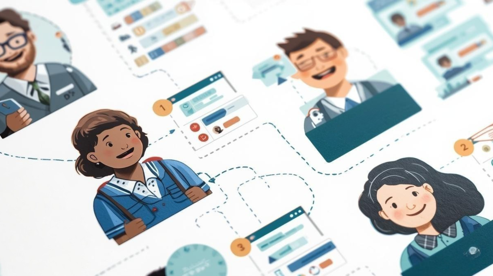 A stylized, close-up illustration of a flowchart or user journey map. It features diverse cartoon-style characters, including a smiling woman in a blue denim jacket in the foreground and two men in professional attire in the background. Dashed lines and arrows connect the characters to various interface elements, such as a profile window with a "1" notification and horizontal data bars. The overall design uses a clean, modern aesthetic with soft colors to represent a digital academic or social ecosystem.