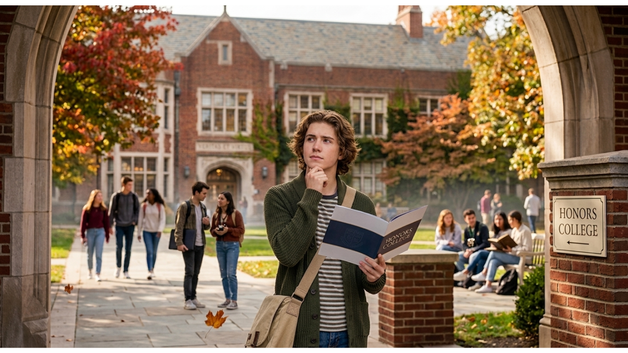 A young male college student with curly brown hair stands in a campus courtyard, thoughtfully holding an open "Honors College" brochure. Other students walk and sit in front of a traditional brick university building in the background.
