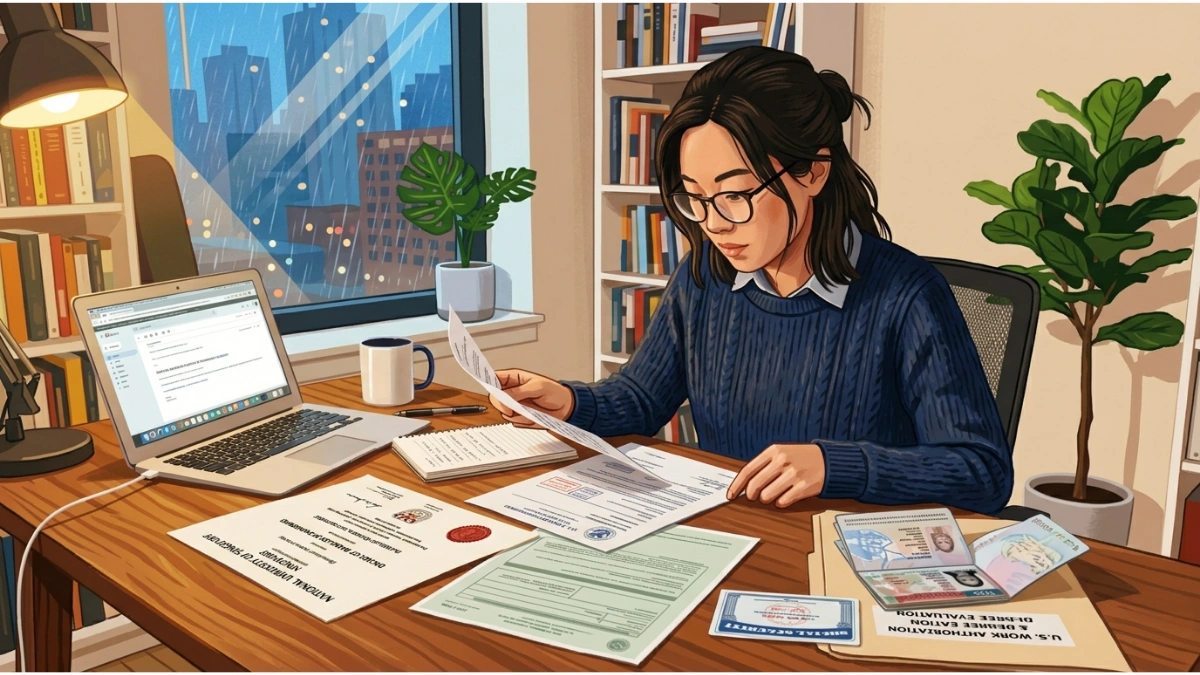 An international student sitting at a desk with a laptop, reviewing documents for a U.S. work authorization application. On the desk are a passport, a social security card, and a diploma from the National University of Singapore, set against a rainy city window at night.