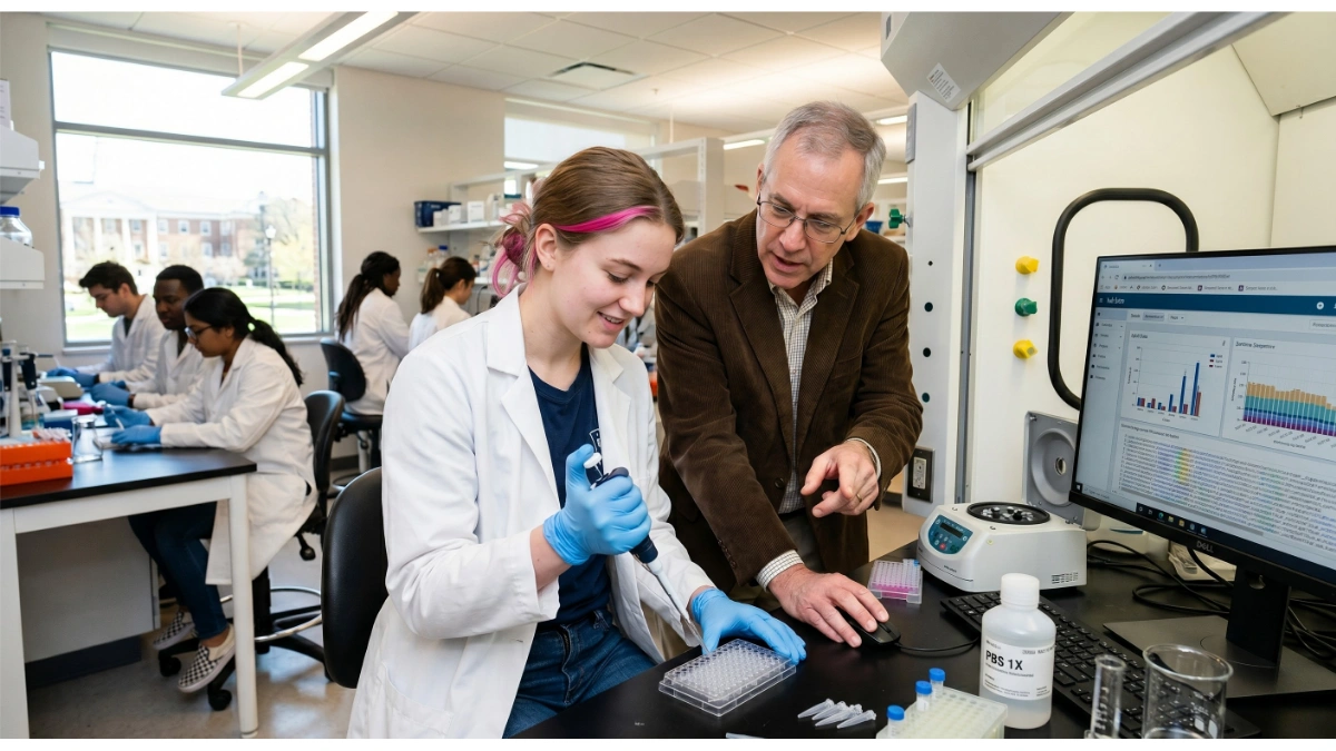 A brightly lit, modern university science laboratory filled with students and equipment.