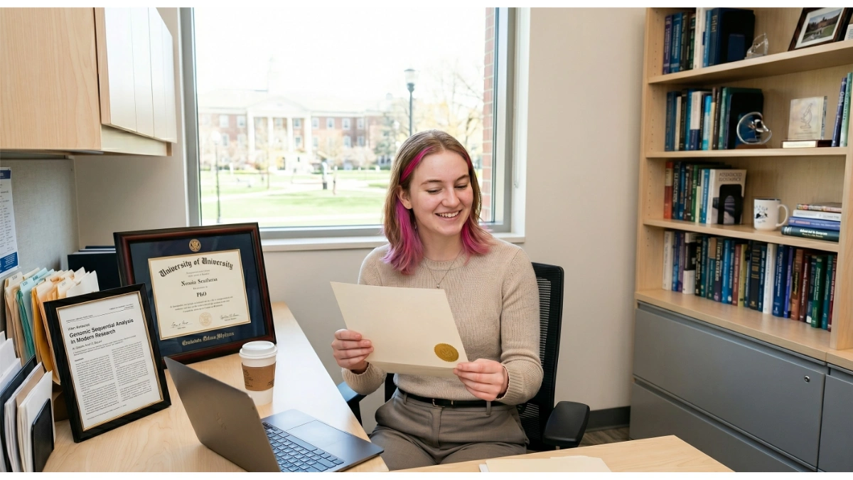 A smiling young woman with pink-highlighted blonde hair sits at an office desk, happily reading an acceptance letter. A laptop, coffee cup, and framed academic certificates are on the desk beside her.