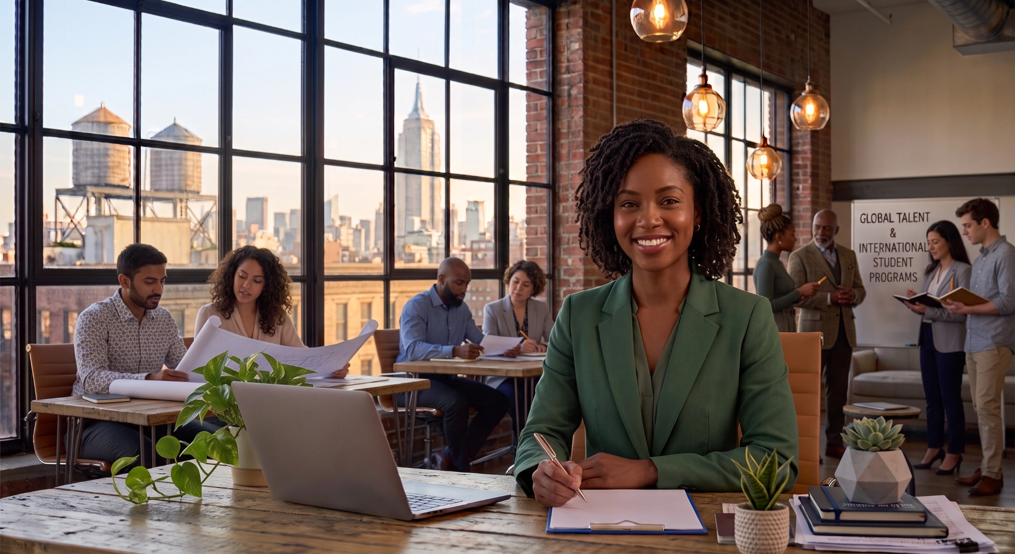 ��Professional working in a diverse office with colleagues collaborating on global talent and international student programs.��