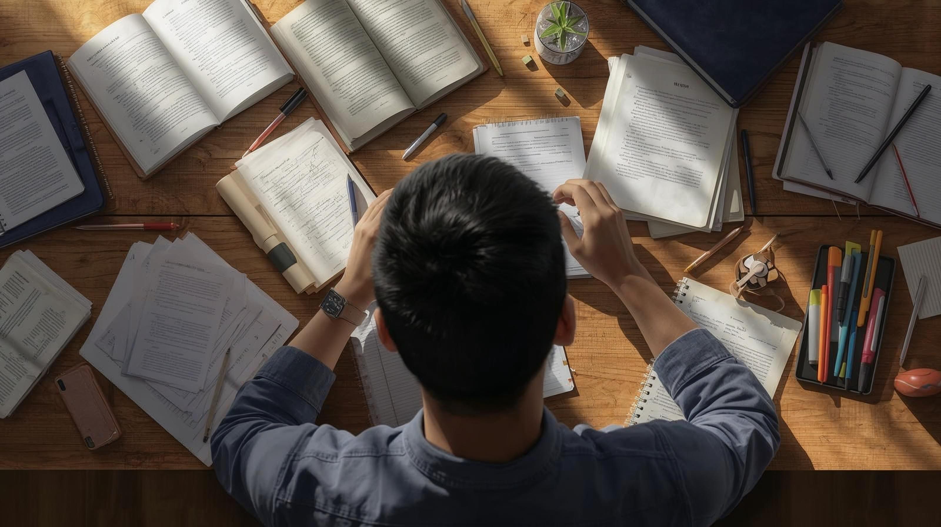 University student studying at a library table with open textbooks and a notebook, focused on coursework related to managing a double major in college.