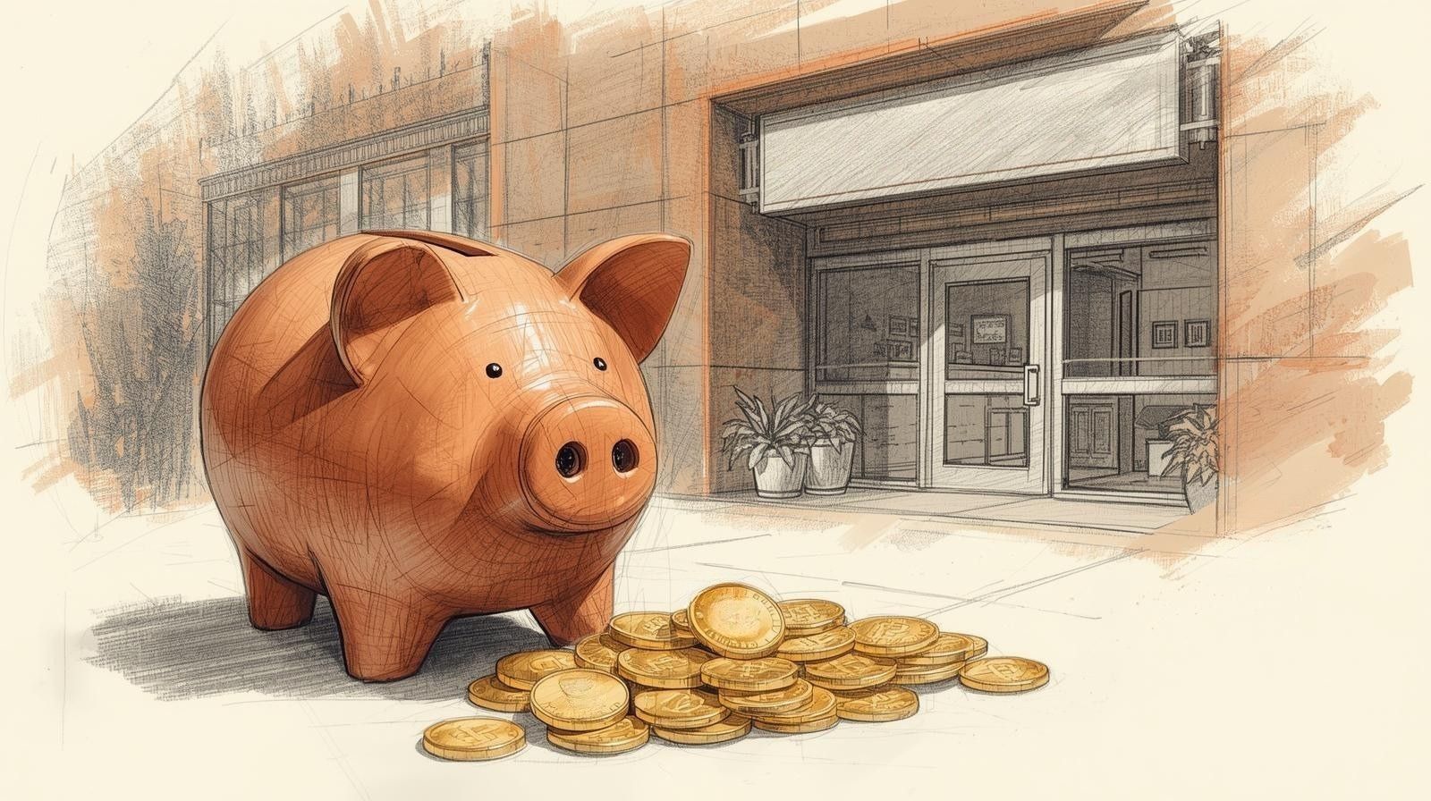 Piggy bank placed in front of a university financial aid office building, symbolizing saving money to pay for college.